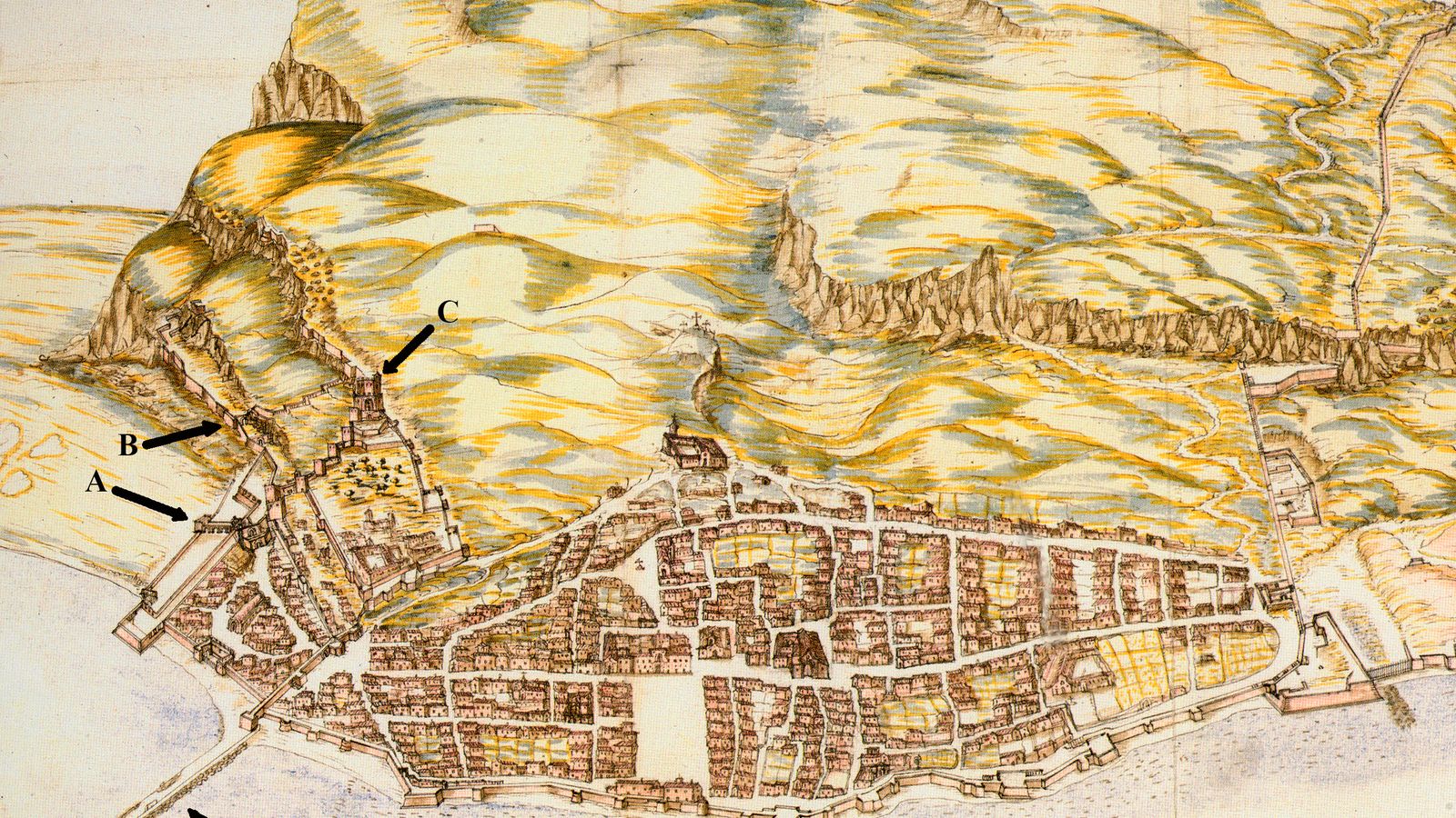 Plano de Gibraltar levantado en 1627. A: Puerta de Tierra; B: Puerta del  Granada; C: Torre de la Calahorra o Moorish Castle; D: Muelle viejo; E: Muralla litoral.