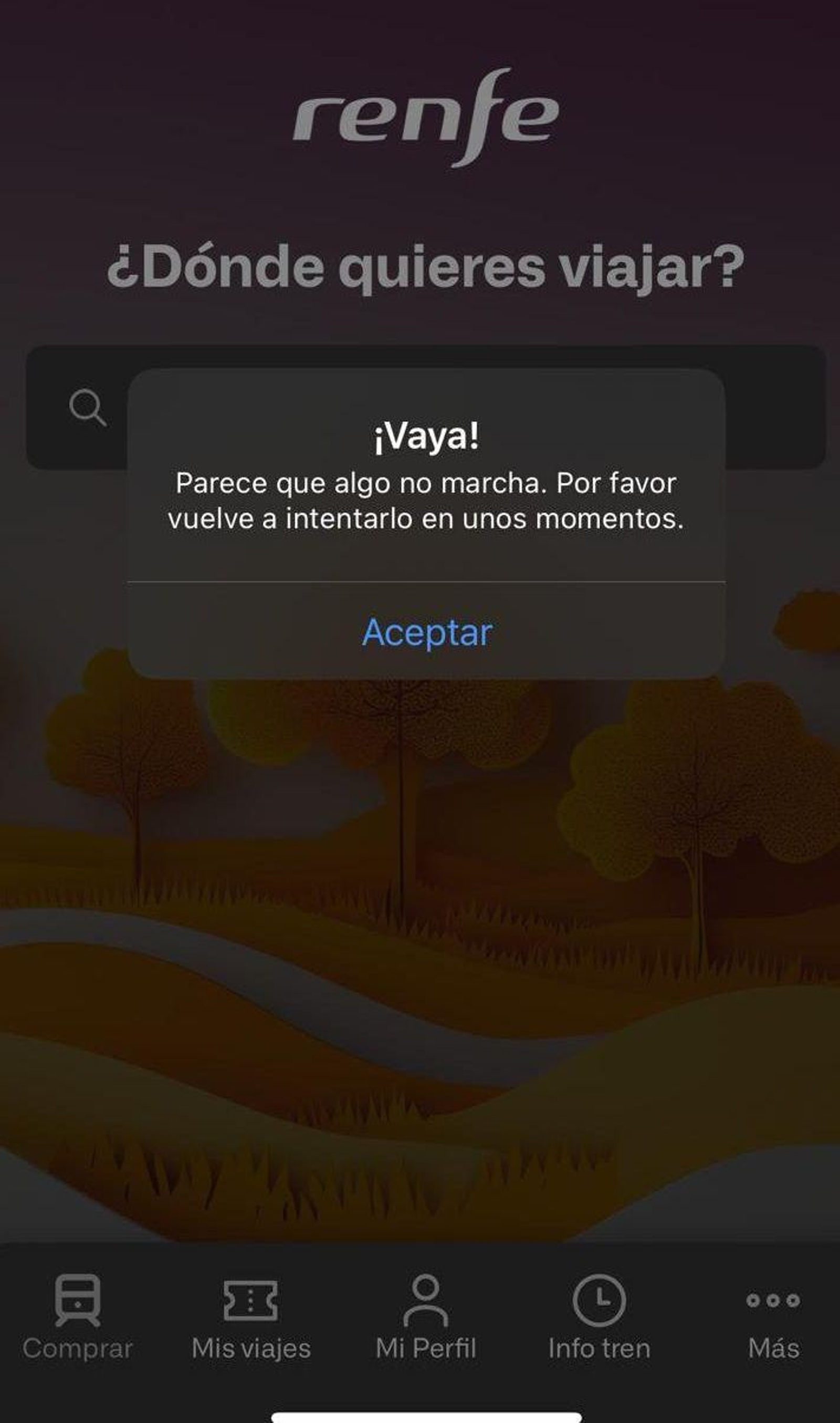 Mensaje de la app de Renfe cuando daba error.