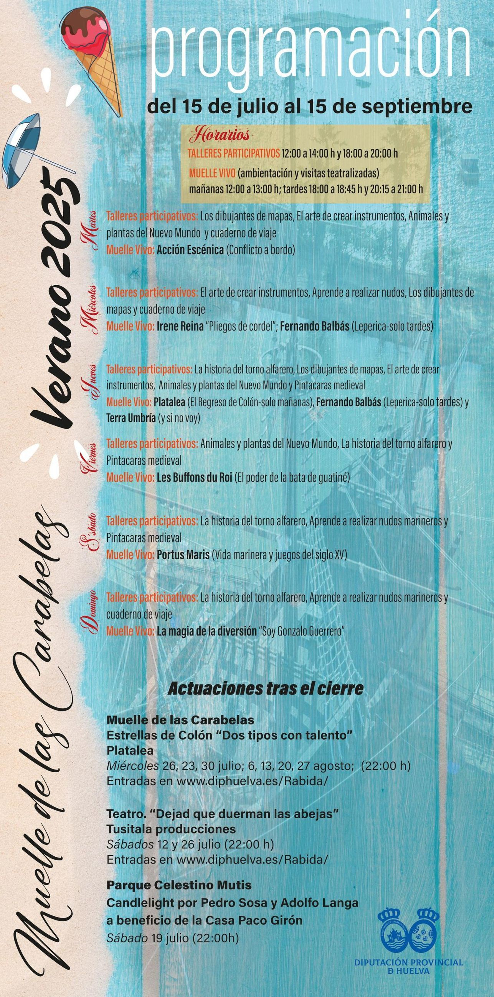 Cartel de actividades en el Muelle de las Carabelas.