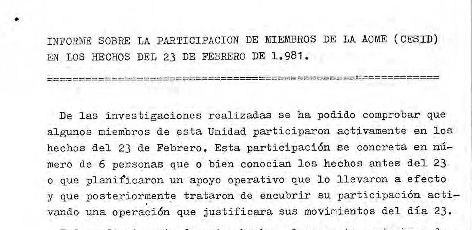 Captura del informe en el que se detalla que seis miembros del Cesid "participaron activamente" en el intento de golpe de Estado.