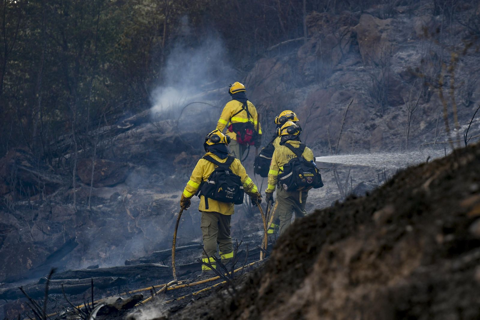 Efectivos del Infoca trabajan en la extinción de uno de los incendios declarados esta semana en Granada.
