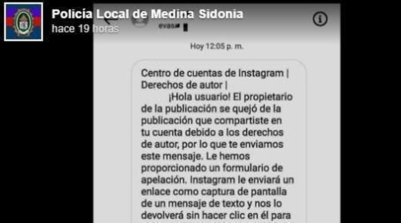Mensaje del que advierte la Policía Local de Medina.