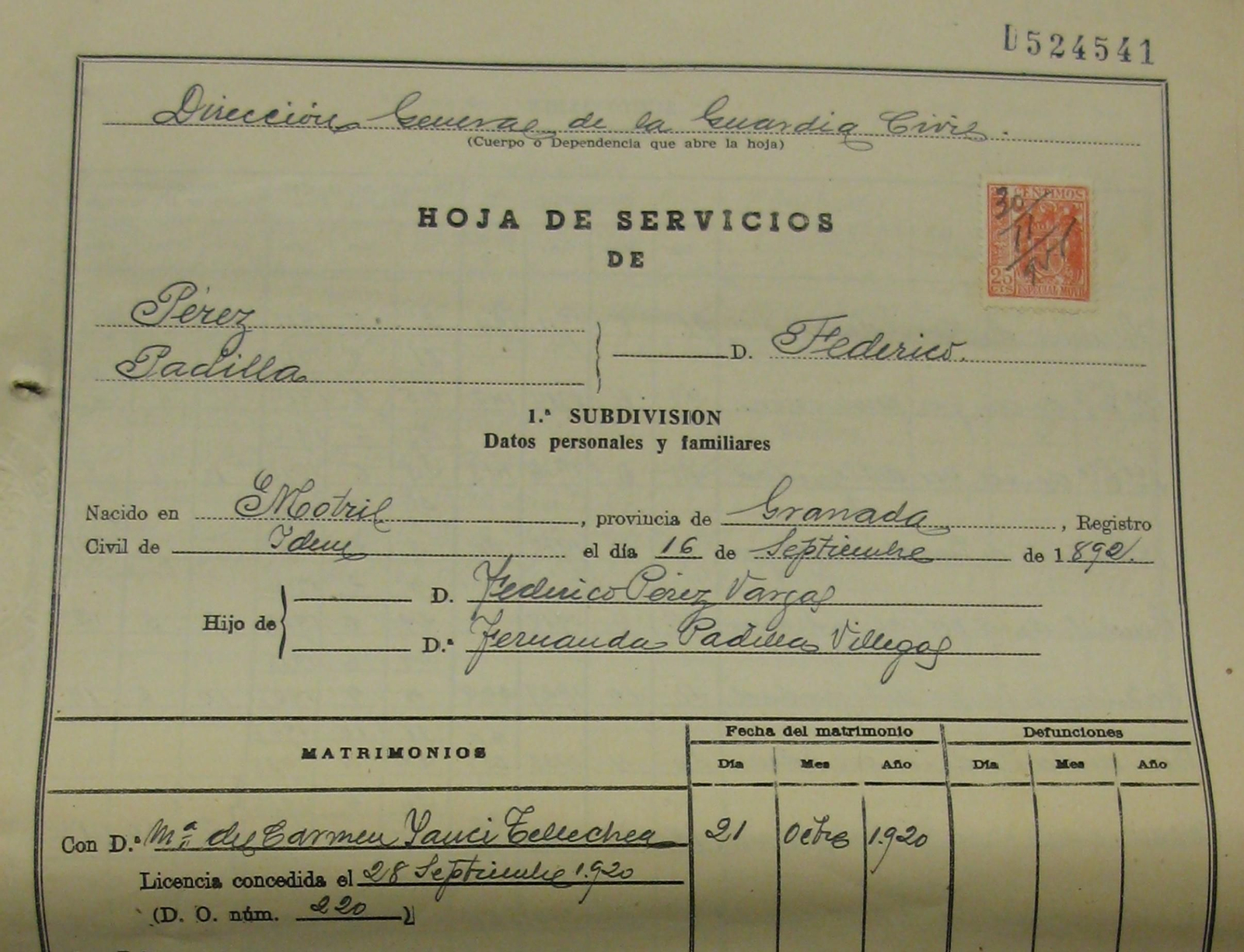 Encabezamiento de la hoja de servicios del teniente coronel Federico Pérez Padilla, jefe de la 134ª Comandancia de la Guardia Civil de Algeciras (1941). Encabezamiento de la hoja de servicios del teniente coronel Federico Pérez Padilla, jefe de la 134ª Comandancia de la Guardia Civil de Algeciras (1941).