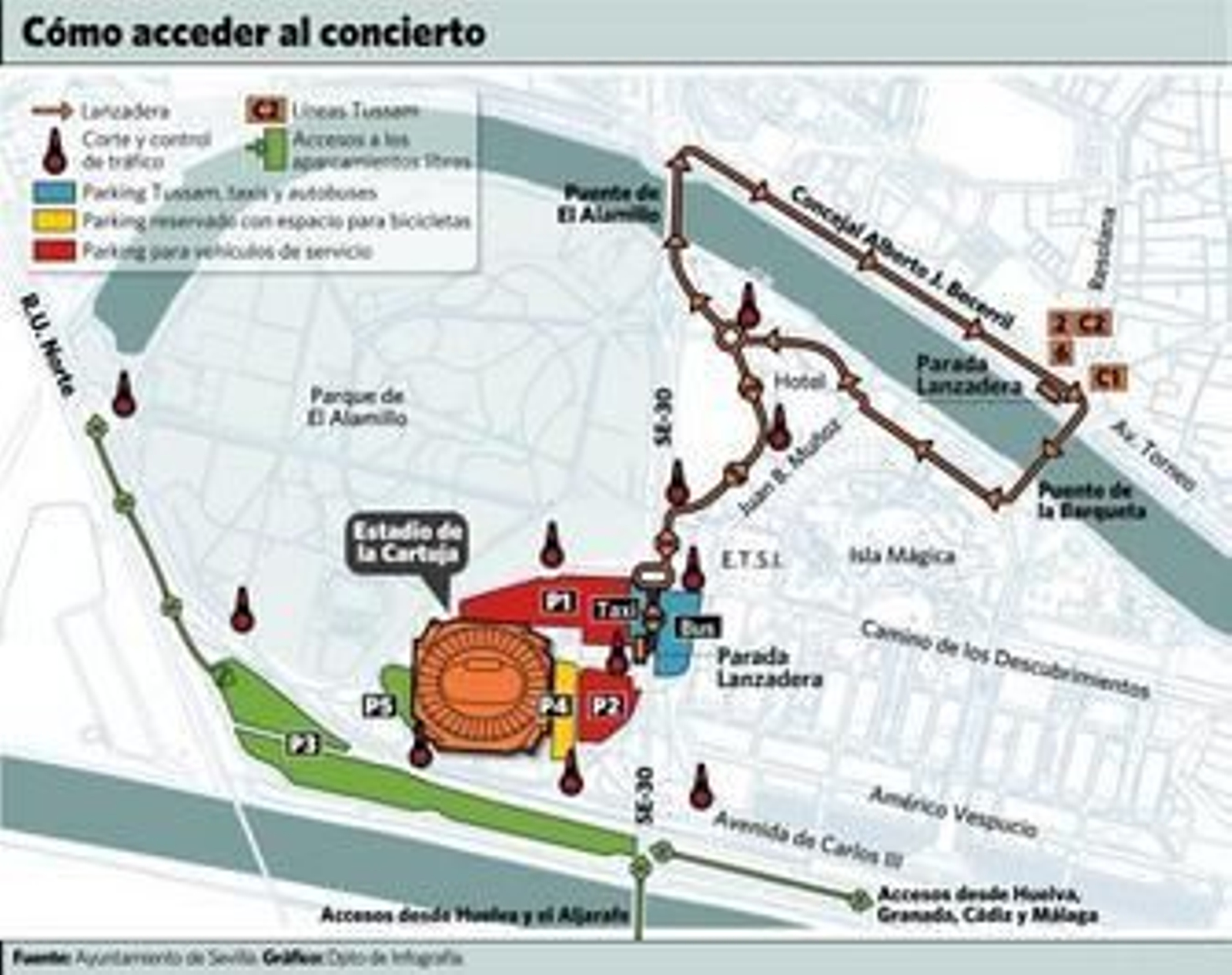 Aspecto del interior del Estadio de la Cartuja durante la jornada de ayer, cuando los operarios montaban el escenario y el resto del equipo para la actuación de Madonna.