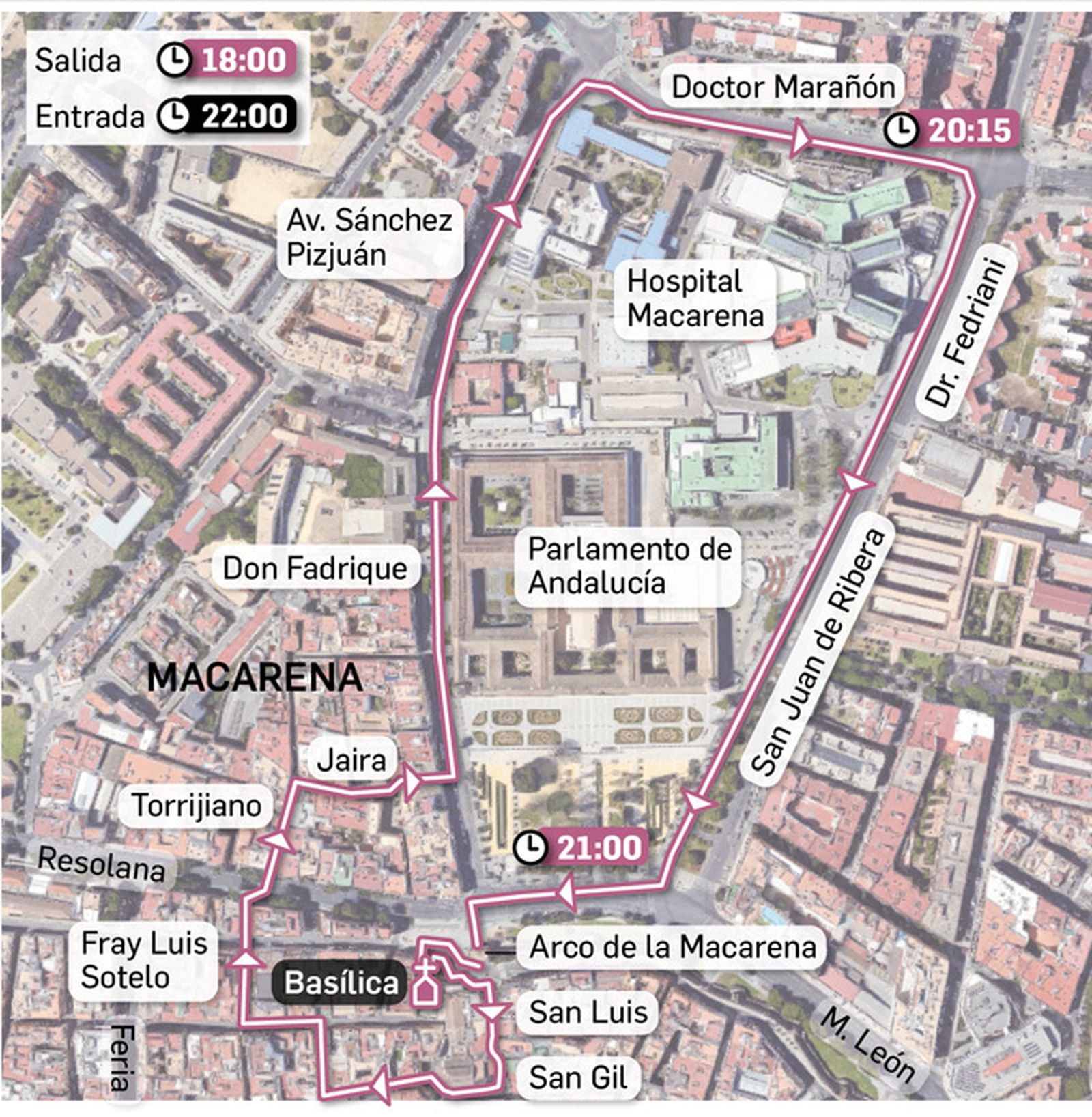 Mapa con el itinerario del vía crucis del Señor de la Sentencia. Fuente: Hermandad de la Macarena.
