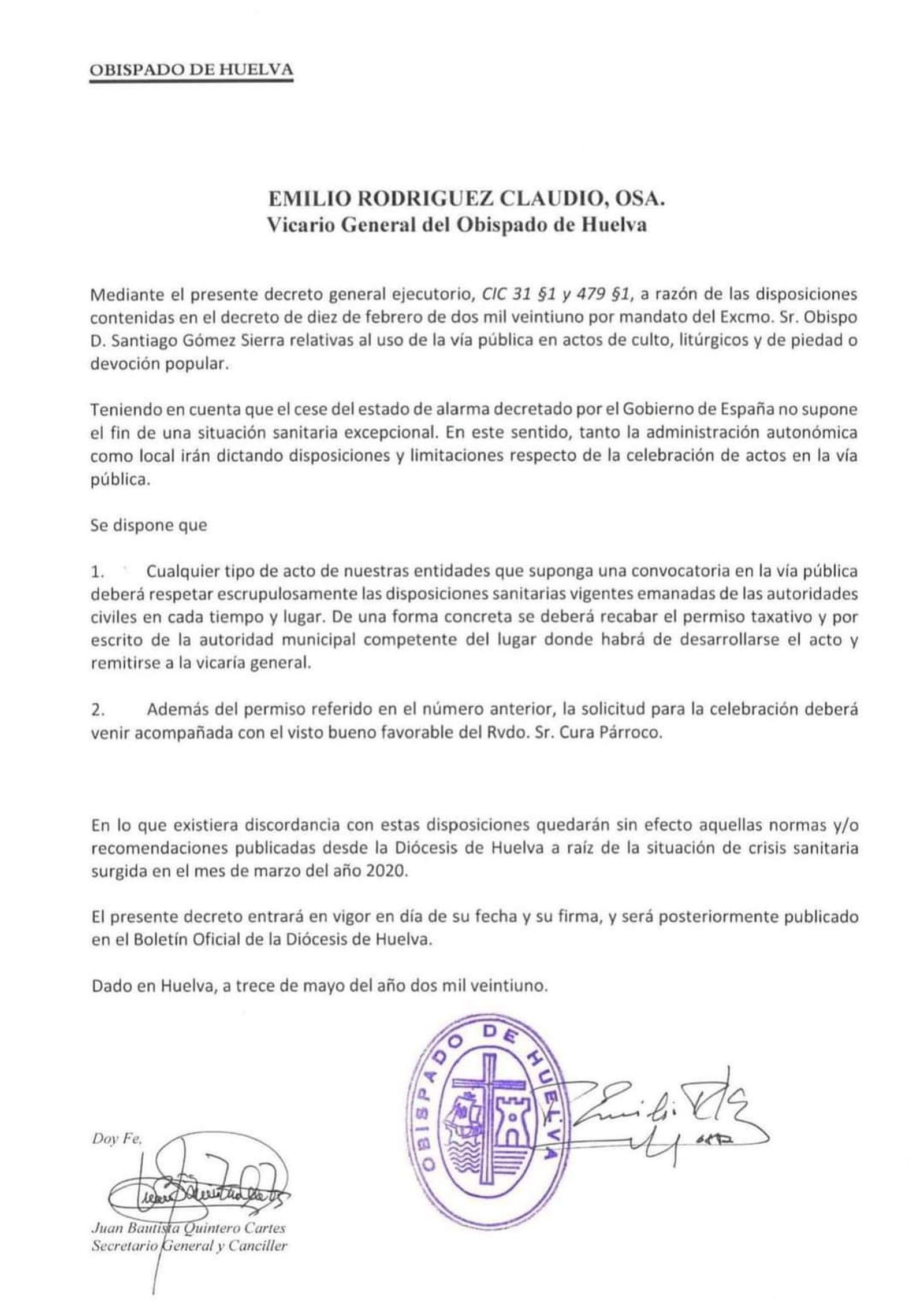 Decreto firmado por el vicario general, el religioso agustino Emilio Rodríguez Claudio.
