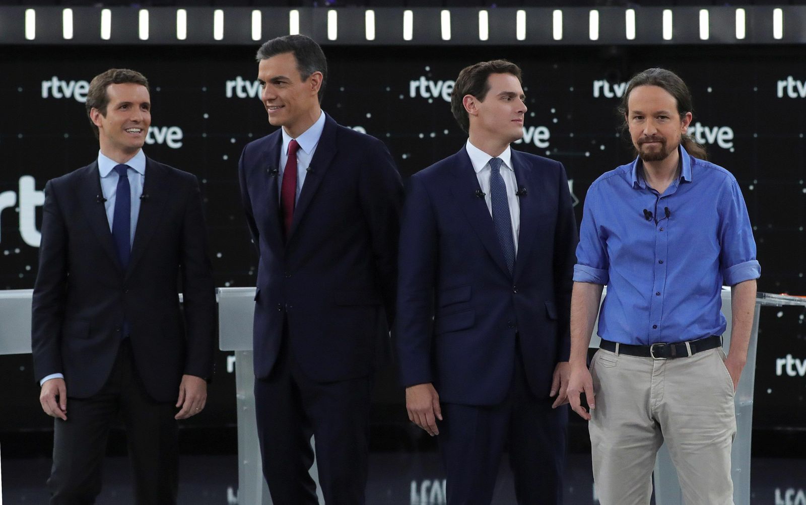 Los cuatro candidatos de PP, PSOE, Cx y Unidas Podemos, antes de comenzar el debate de Rtve.