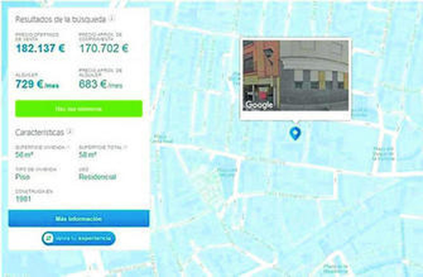 Reproducción de la información que proporciona la aplicación en pantalla, para una vivienda en el centro de Sevilla.
