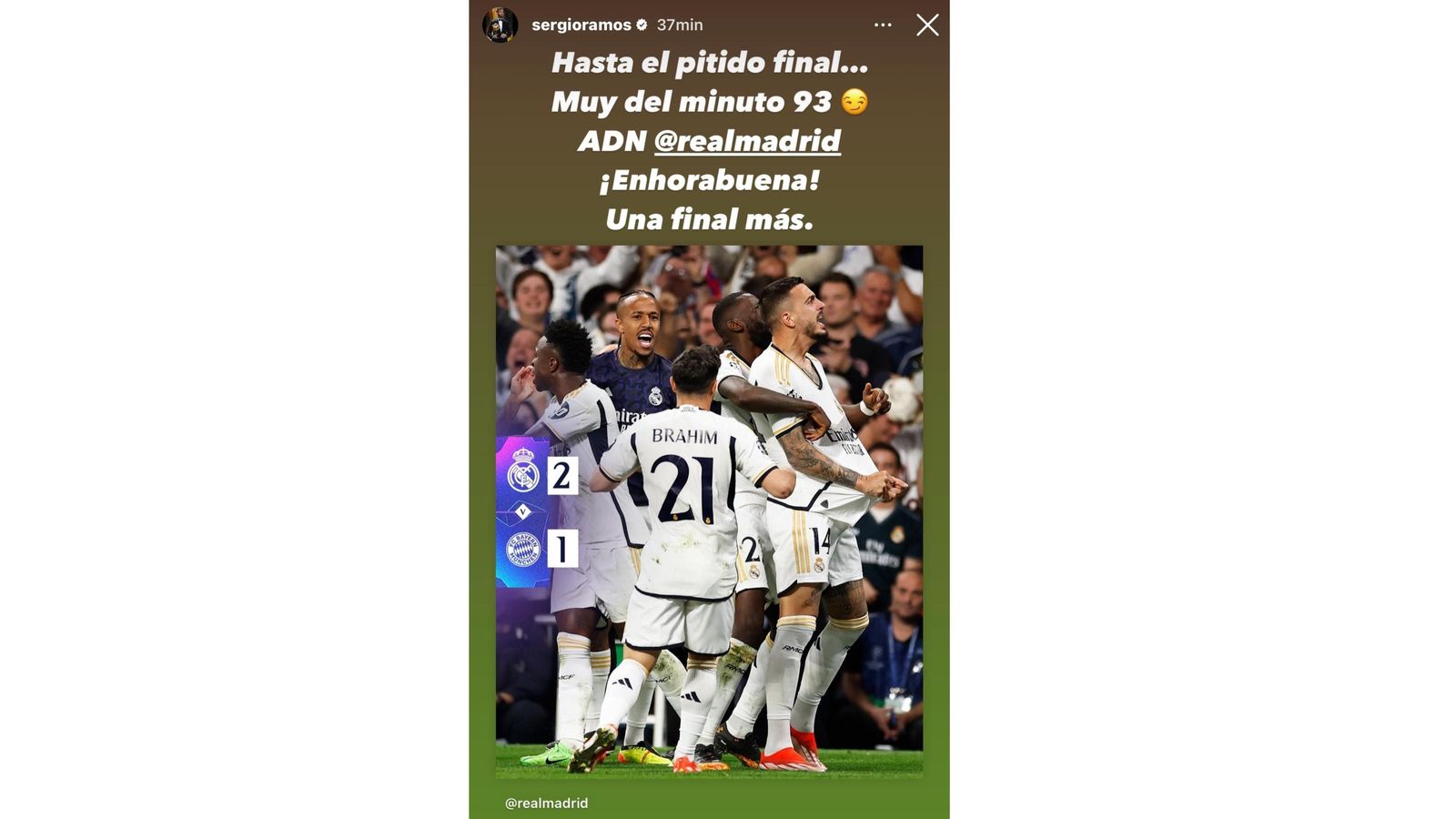 La felicitación de Sergio Ramos al Real Madrid por el pase a la final de la Champions