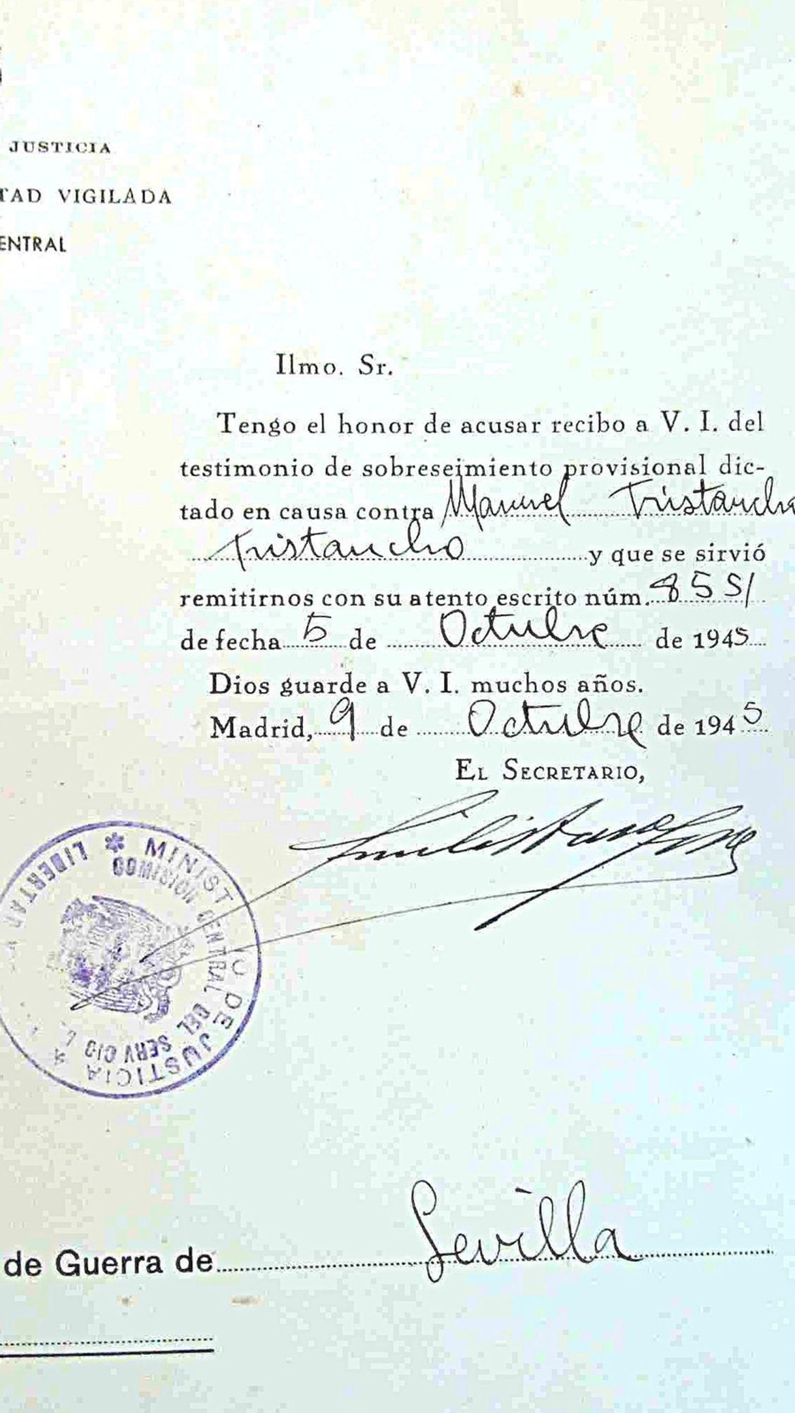 Escrito sobre el sobreseimiento de la causa contra Manuel Tristancho.