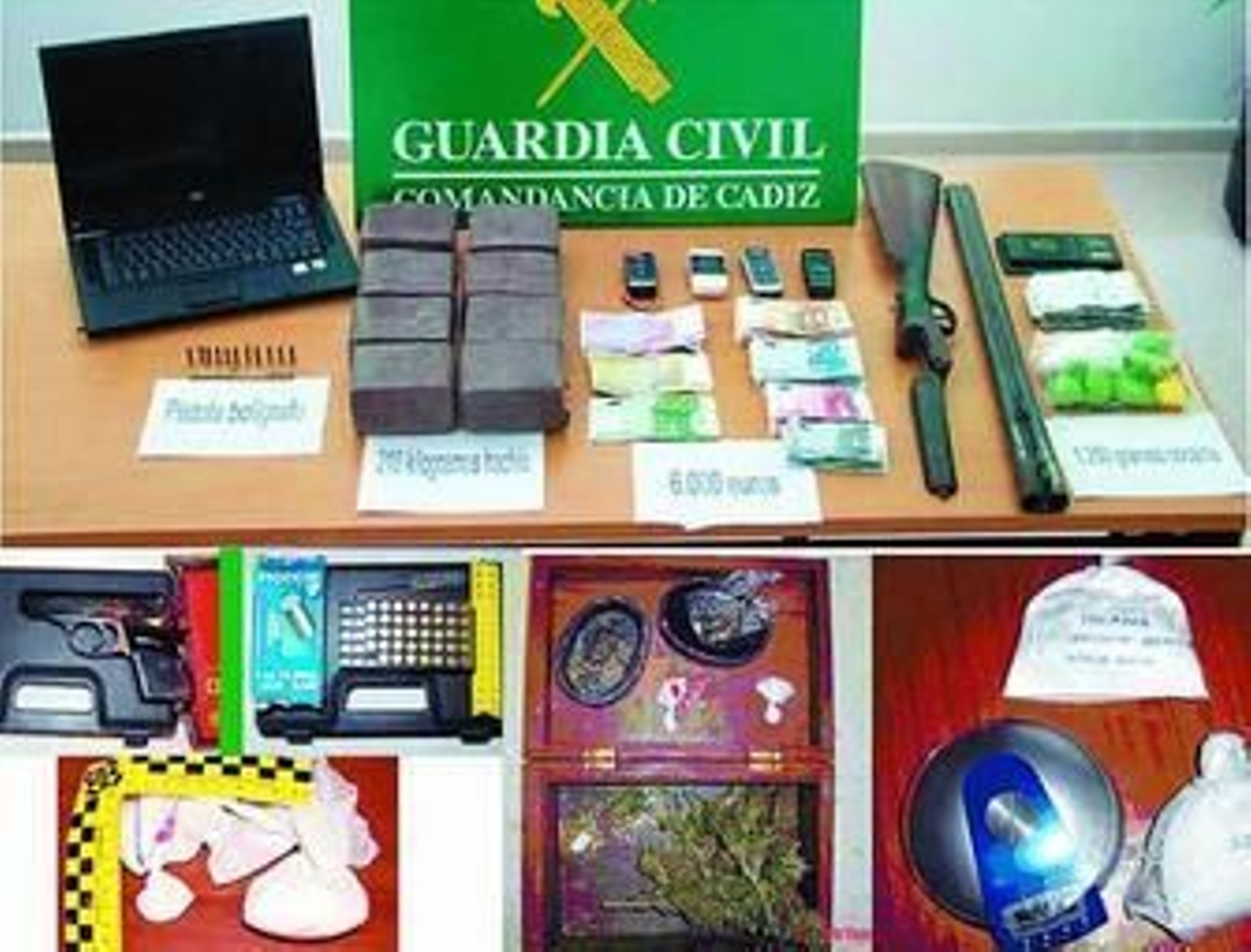 La droga, el dinero, las armas y algunos utensilios para manejar la droga incautados en la operación.