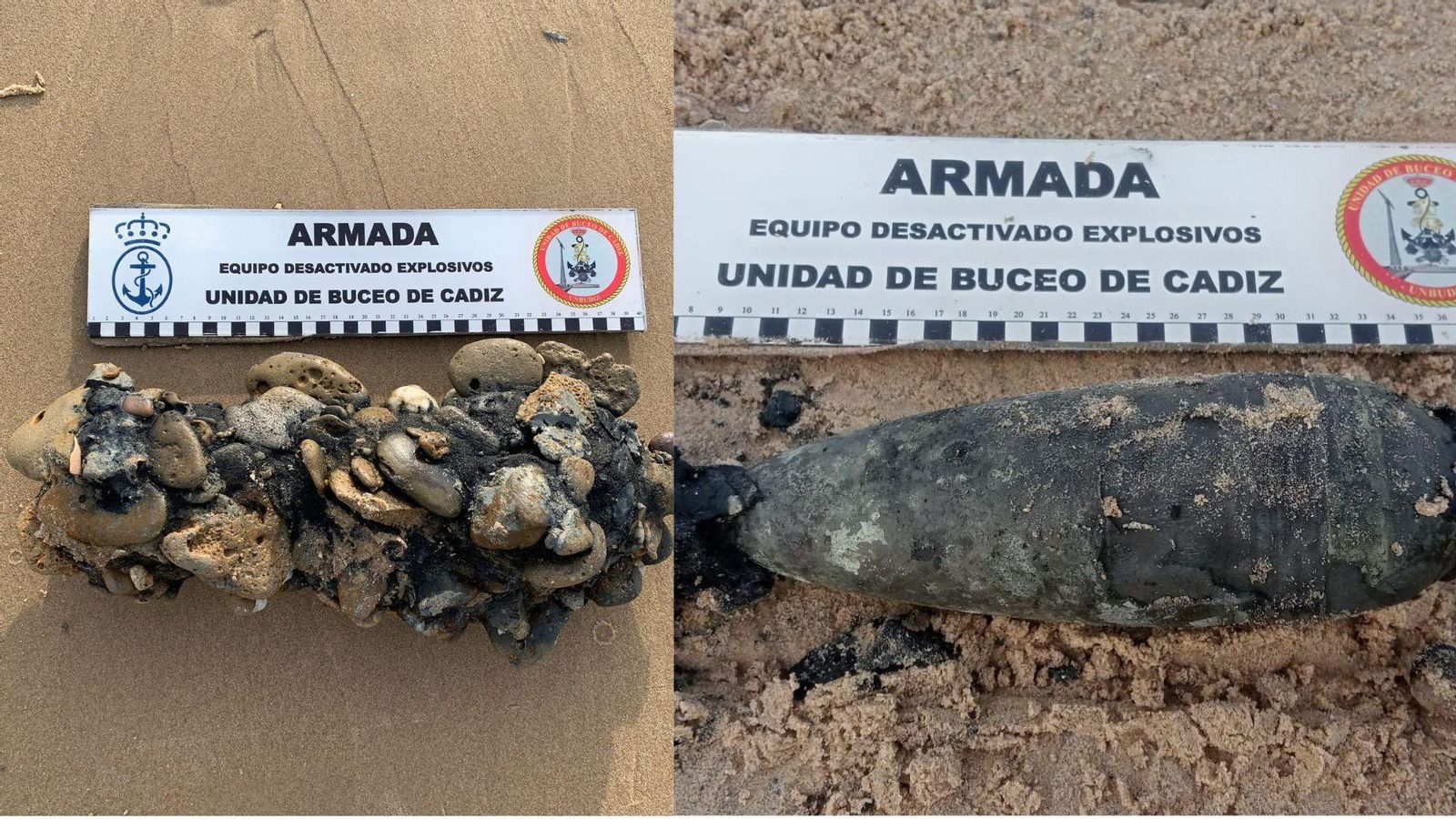 Mmortero en la playa de Camposoto, se aprecia cómo era el supuesto artefacto cuando dan el aviso  y como queda después de limpiarlo .