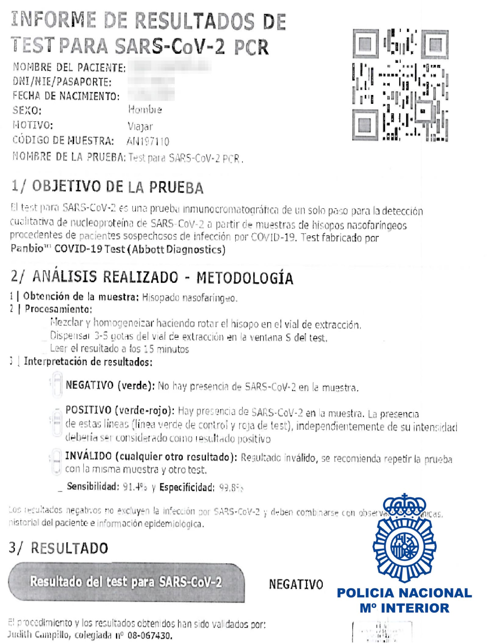 Documento falsificado intervenido por la Policía Nacional