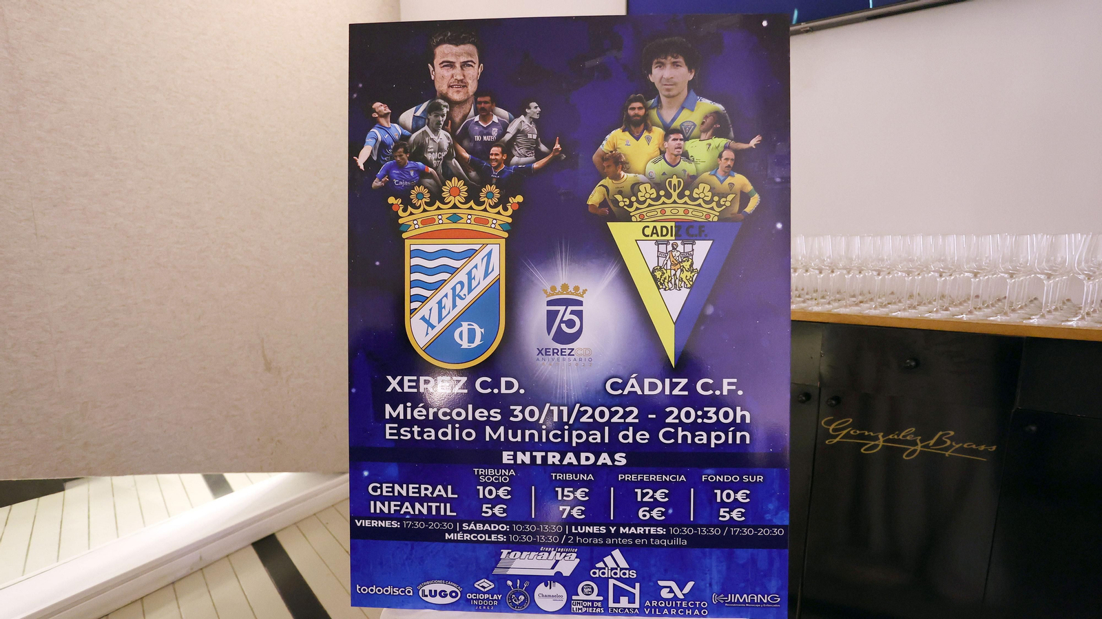 Cartel del partido Xerez CD - Cádiz CF en el 75 aniversario del Xerez CD