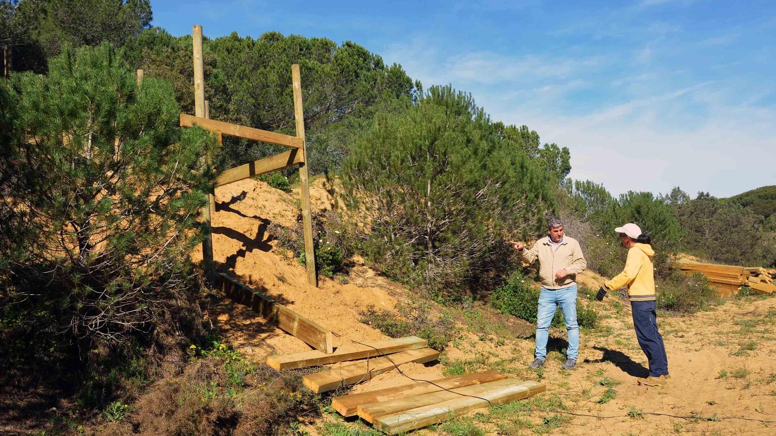 Trabajos de colocación de una nueva pasarela en Matalascañas