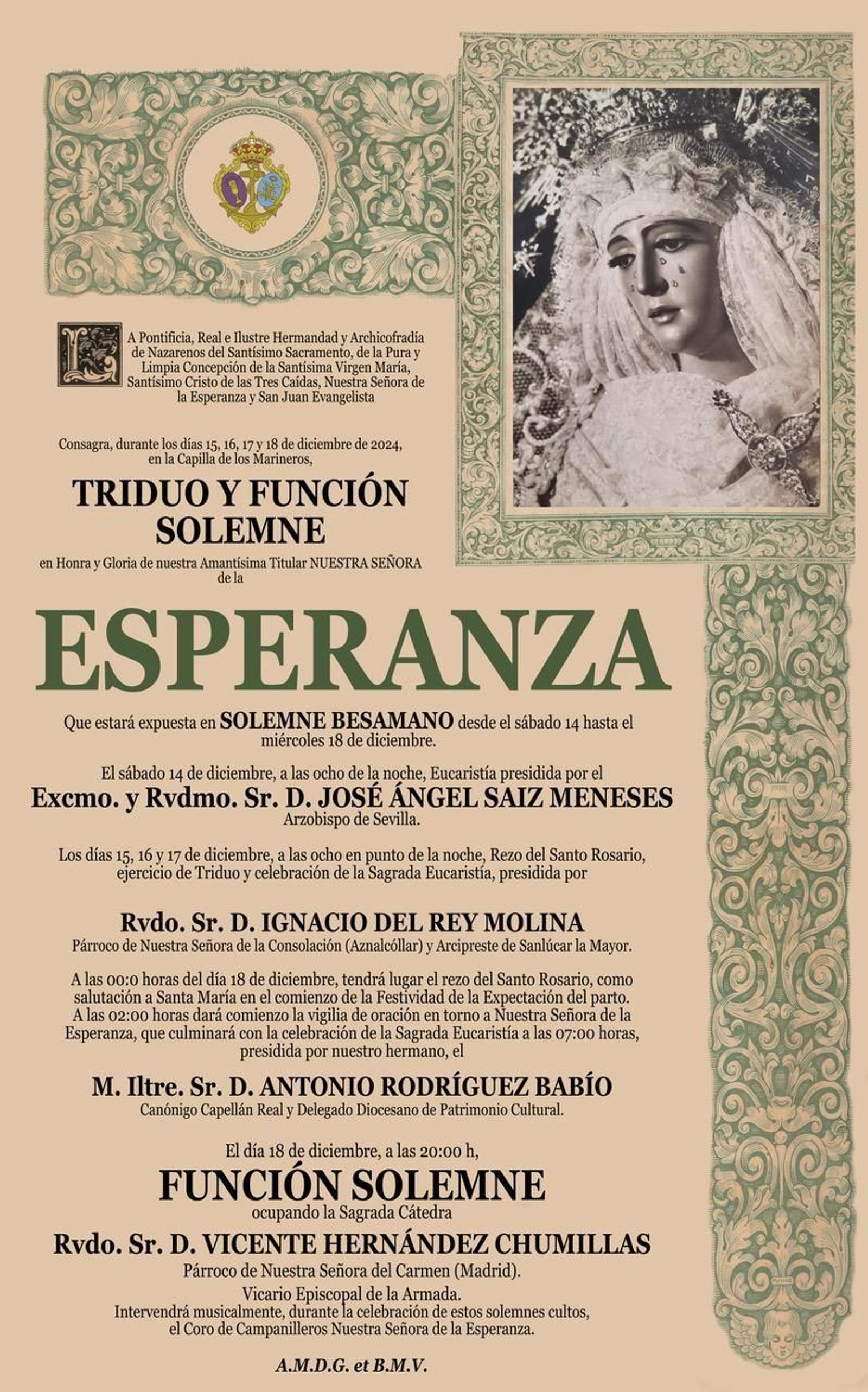 Orla de cultos de la Esperanza de Triana para este mes de diciembre