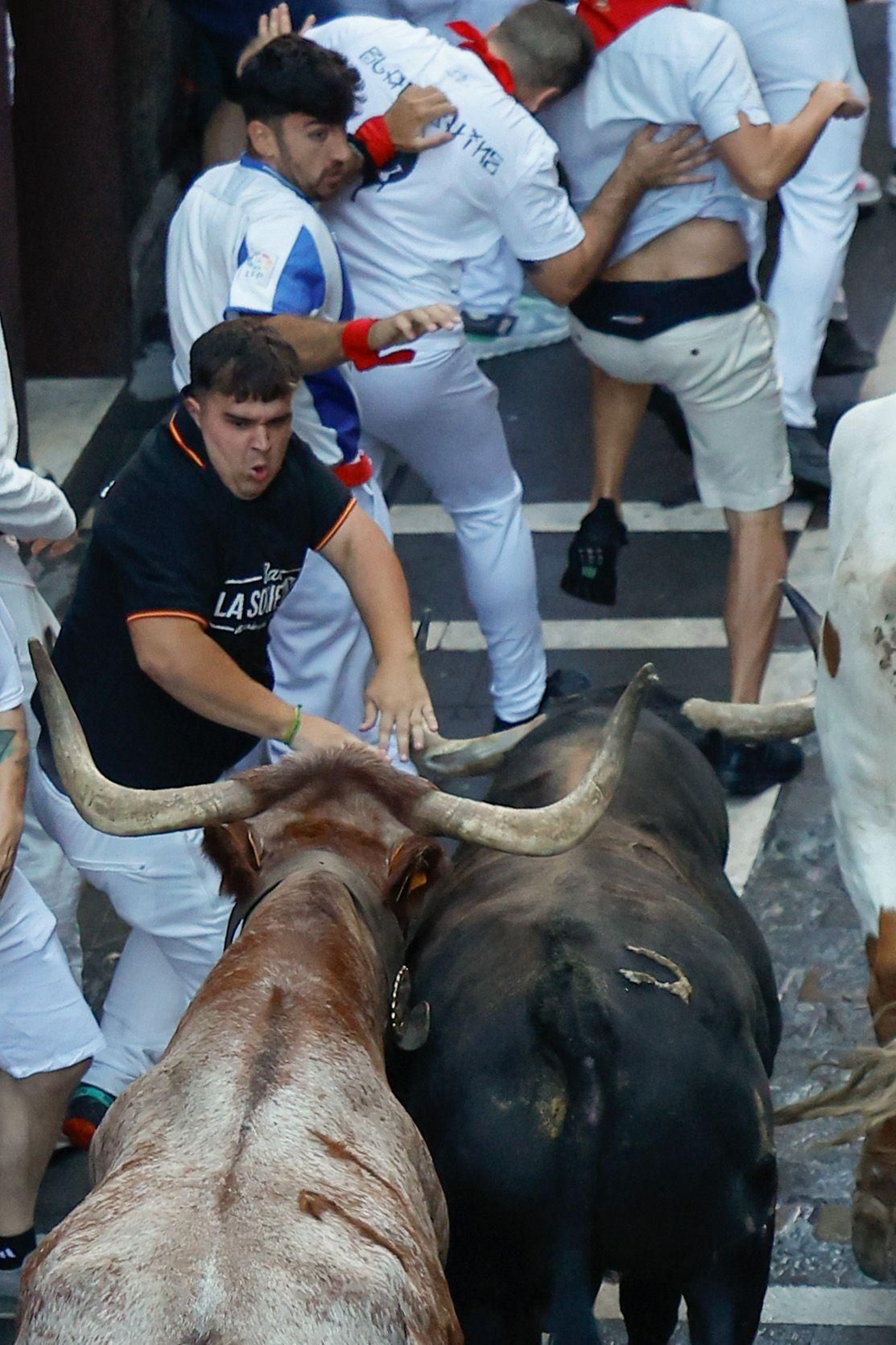 La bravura de Tarifa se hace notar en Pamplona: tres heridos en un encierro con toros de La Palmosilla