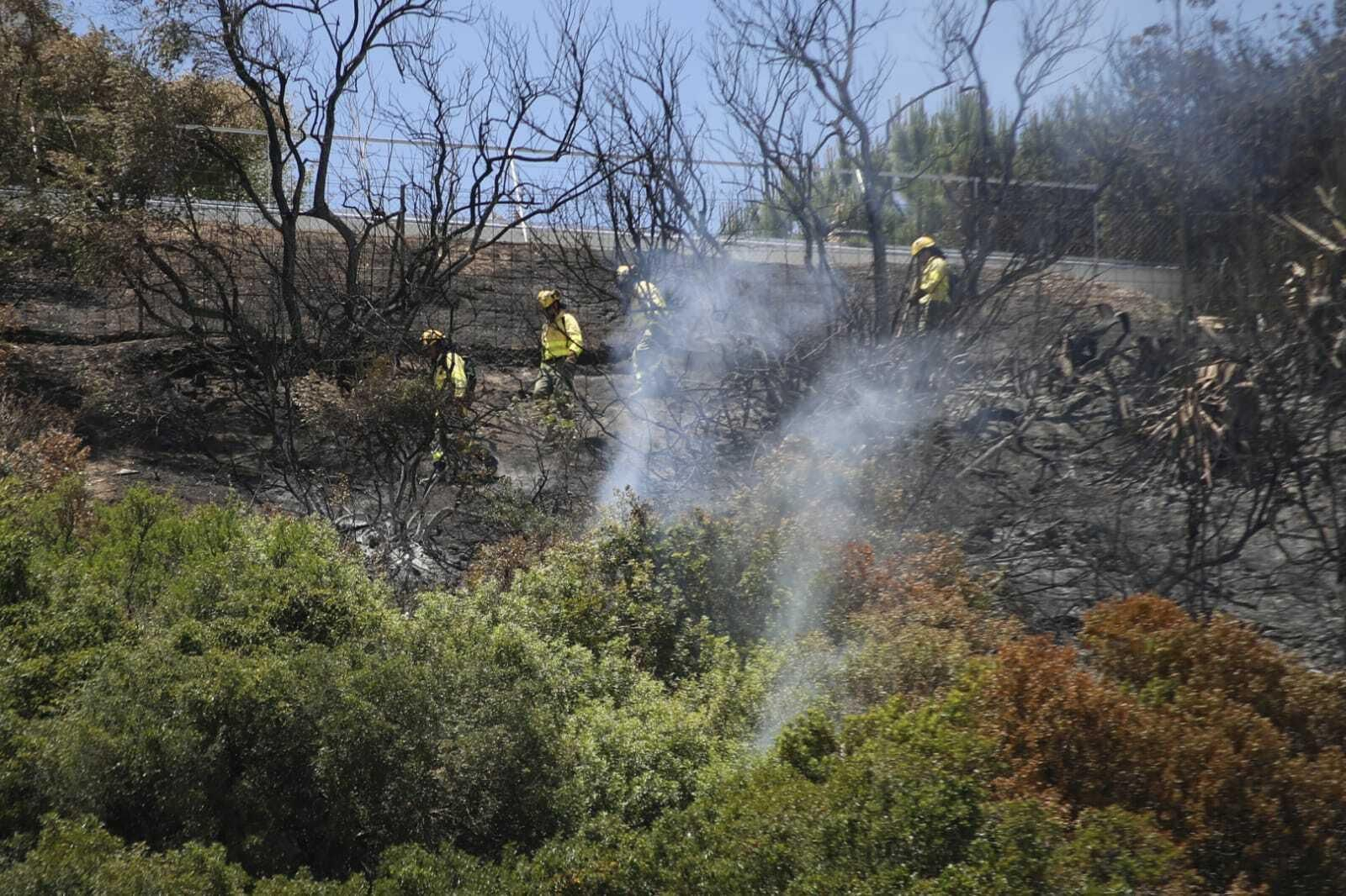 Los bomberos actúan contra las llamas en Gelves.