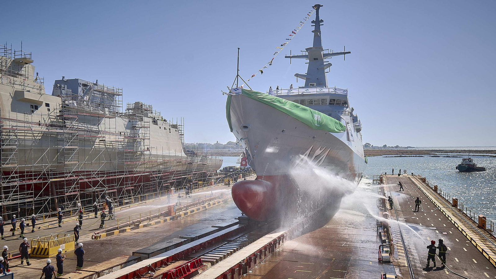 Botadura de  Al-Jubail, la primera de las cinco corbetas que Navantia construye para Arabia Saudí en el astillero de San Fernando.