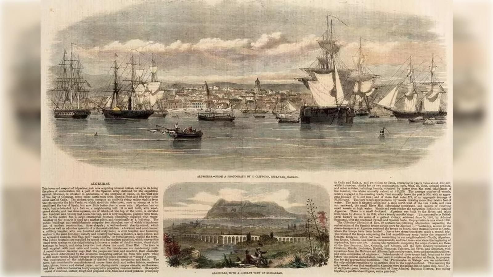 Doble xilografía: la del puerto de Algeciras en 1859, con la partida de la expedición española a la guerra de Marruecos, y una vista del peñón de Gibraltar desde un altozano hacia Algeciras, con el acueducto y la ciudad. The Illustrated London News, 3 de diciembre de 1859.