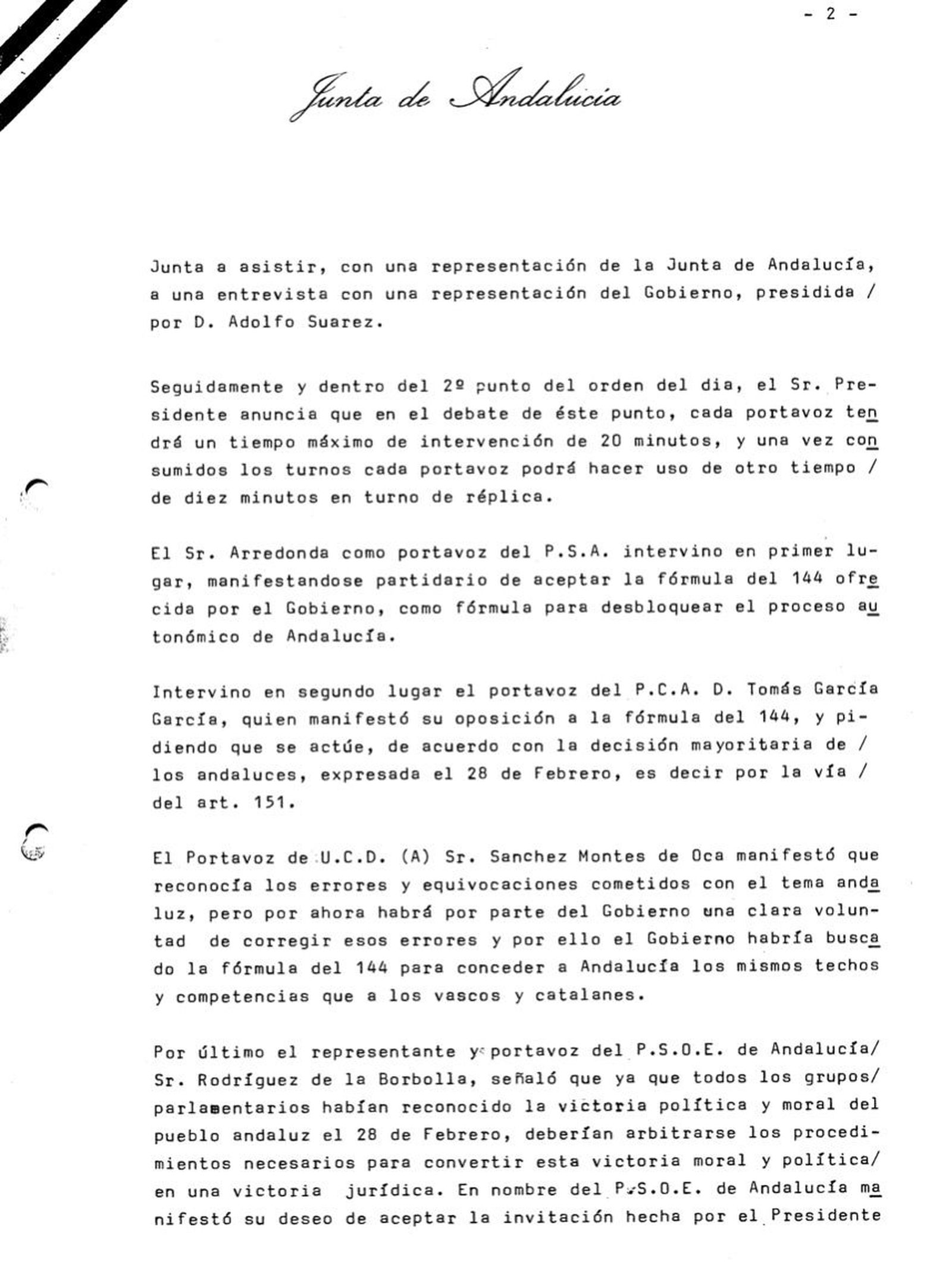 Acta del pleno de la Junta de Andalucía del 26 de septiembre de 1980 que refleja la apuesta del PSA por el artículo 144.