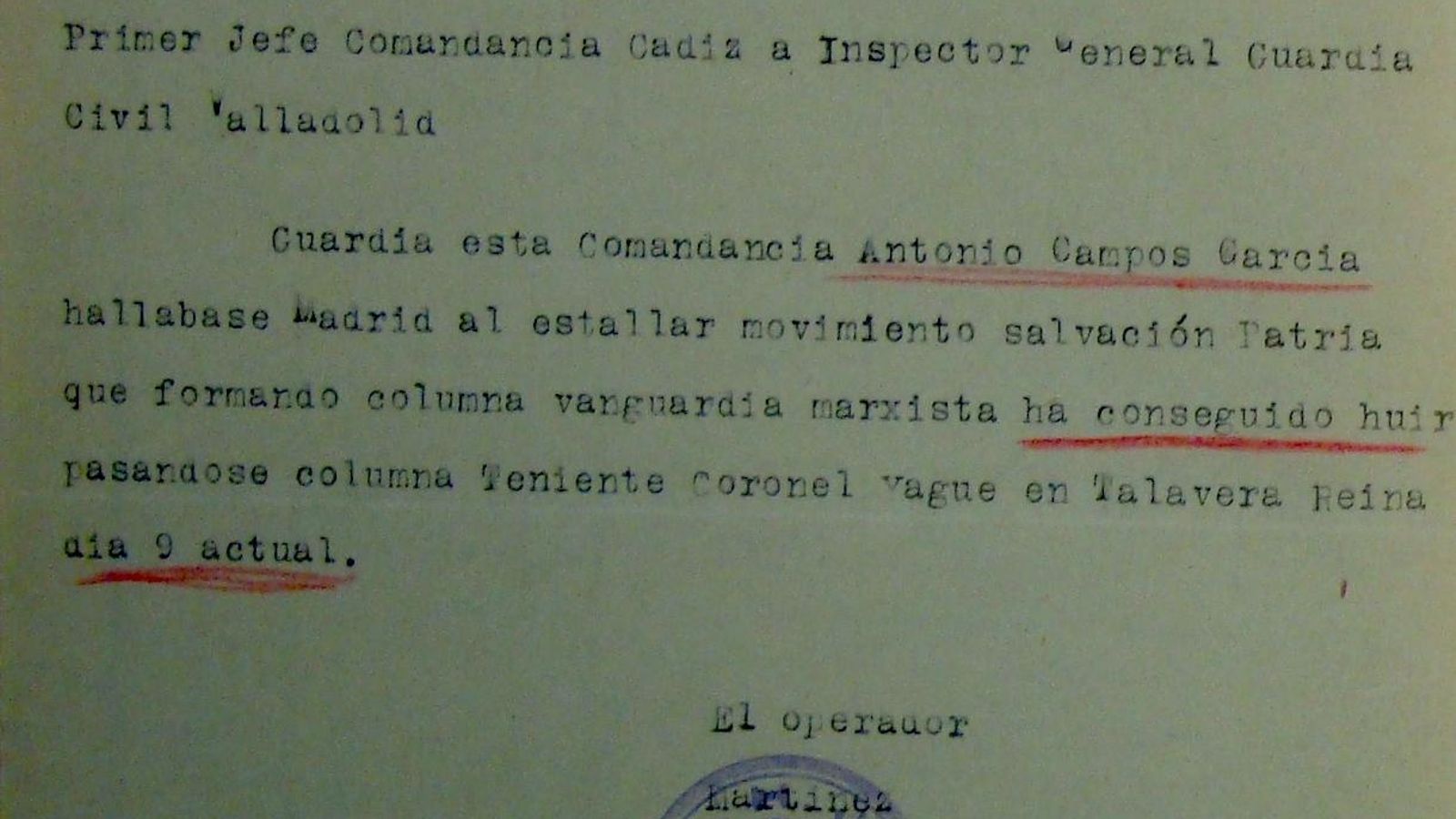 Radiograma dando cuenta de la evasión del guardia civil Campos García. Radiograma dando cuenta de la evasión del guardia civil Campos García.