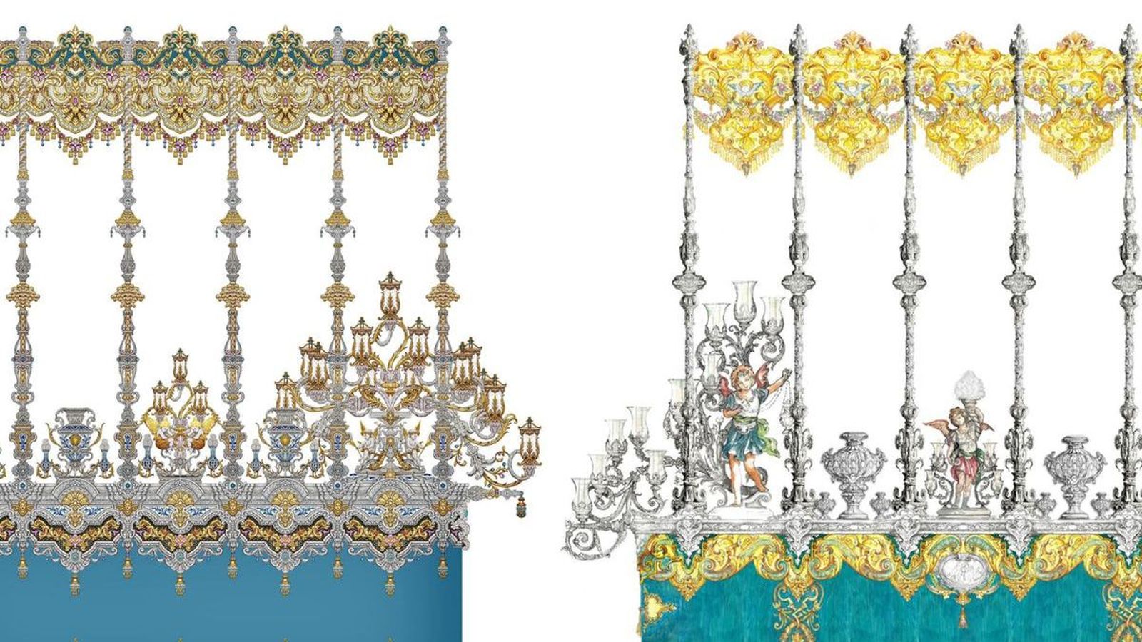 Proyectos de paso de palio de la Virgen de la Paz de Álvaro Abril Vela (izquierda) y José Manuel Martínez Hurtado (derecha)