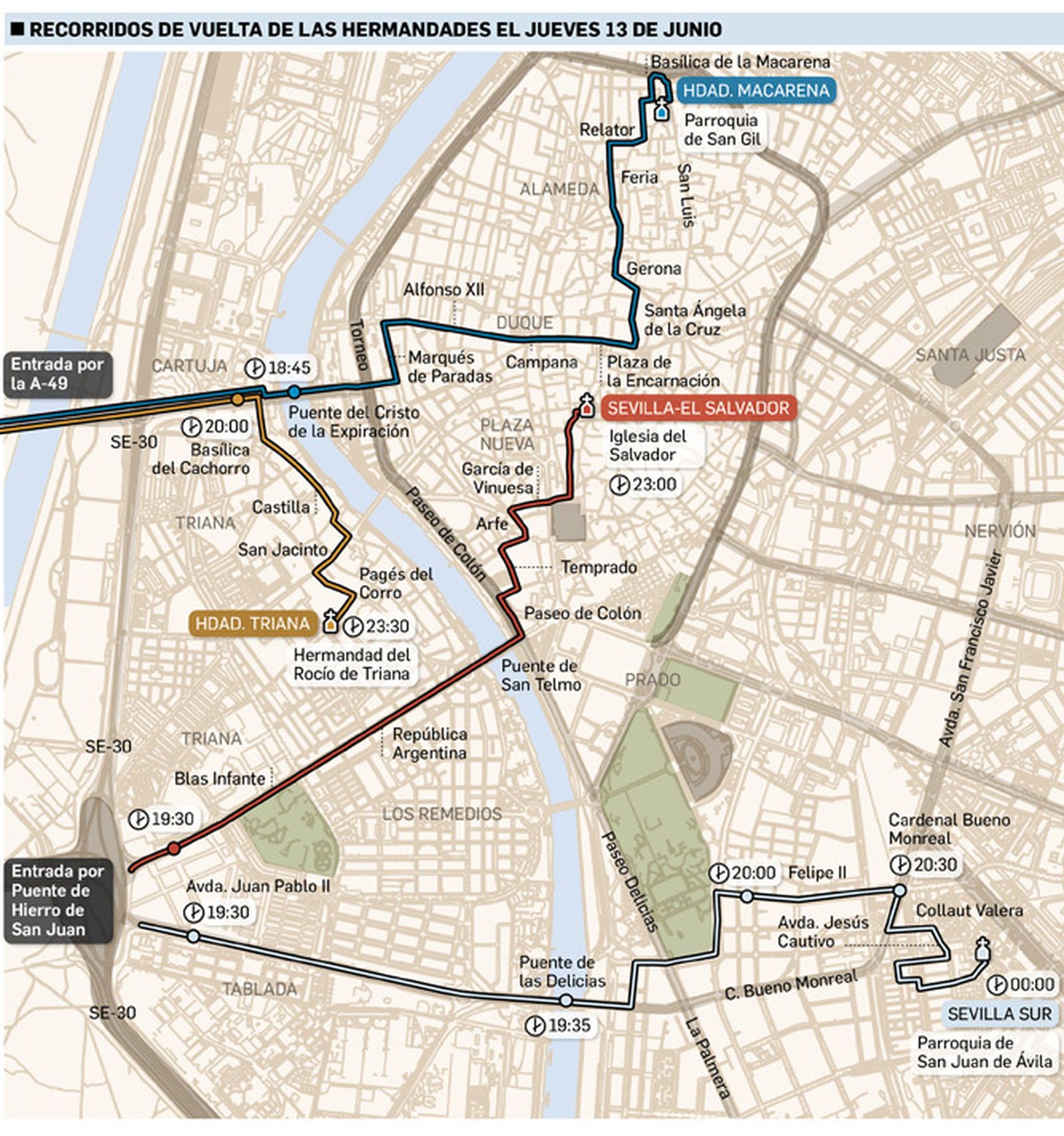 Itinerarios de vuelta por Sevilla de las hermandades el jueves. Fuente: Ayuntamiento de Sevilla.