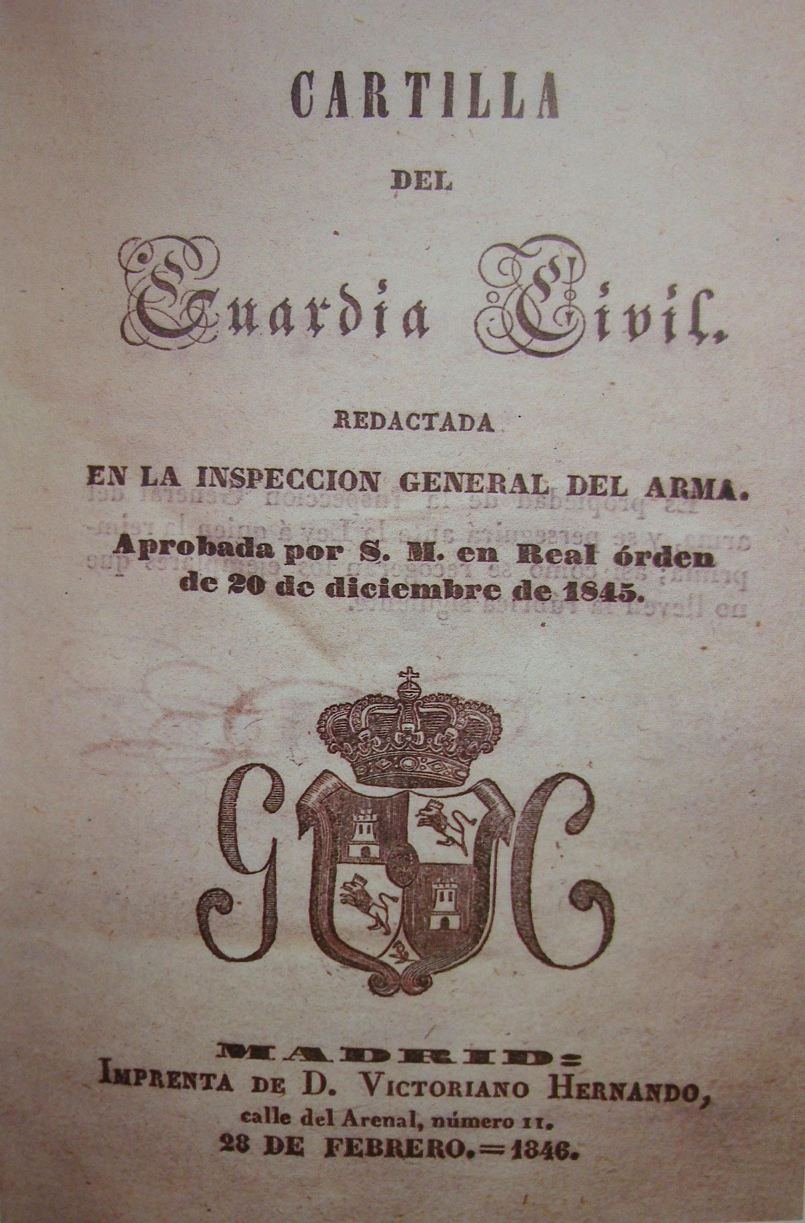 Detalle de la portada de la primera edición de "Cartilla del Guardia Civil" aprobada en 1845.