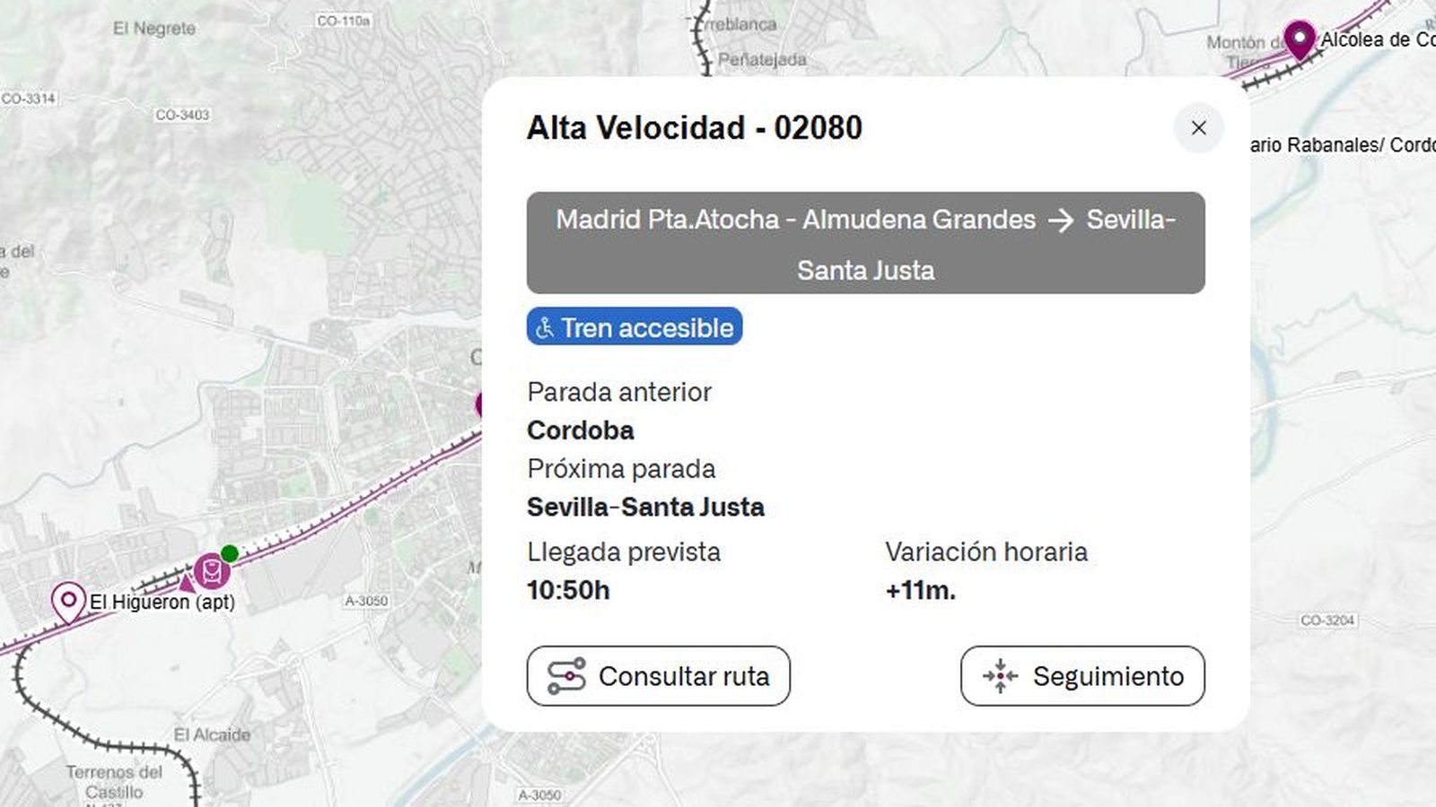 Datos facilitados sobre un tren en concreto.