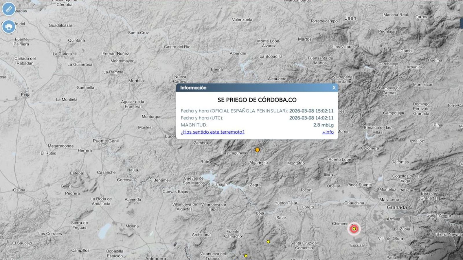 Punto del epicentro del terremoto cercano a Priego