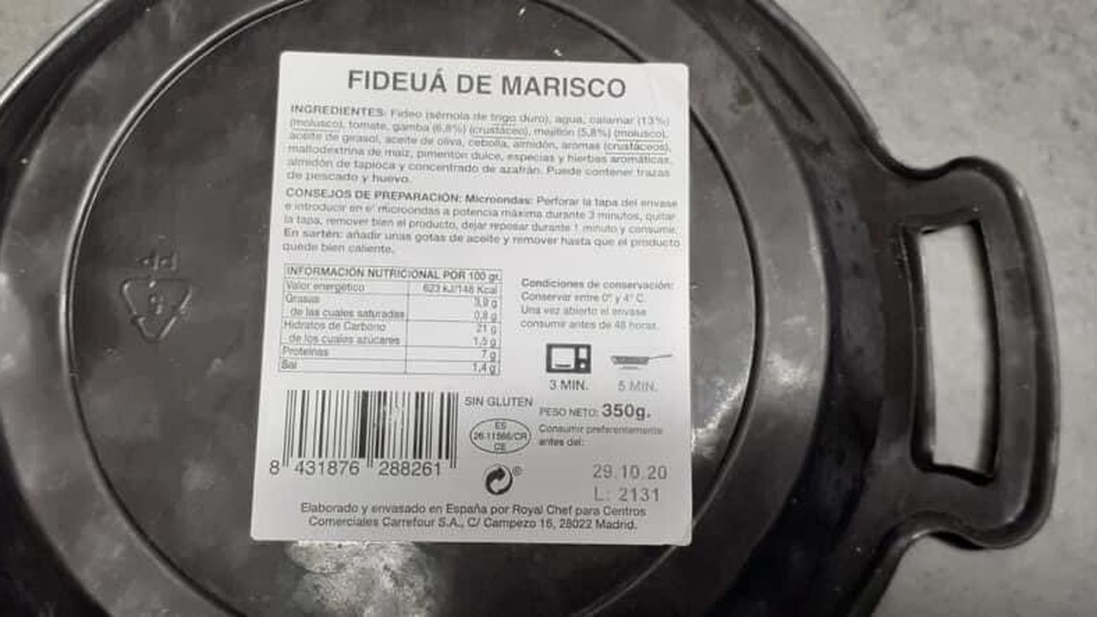Etiqueta de la Fideuá de Marisco de Carrefour.