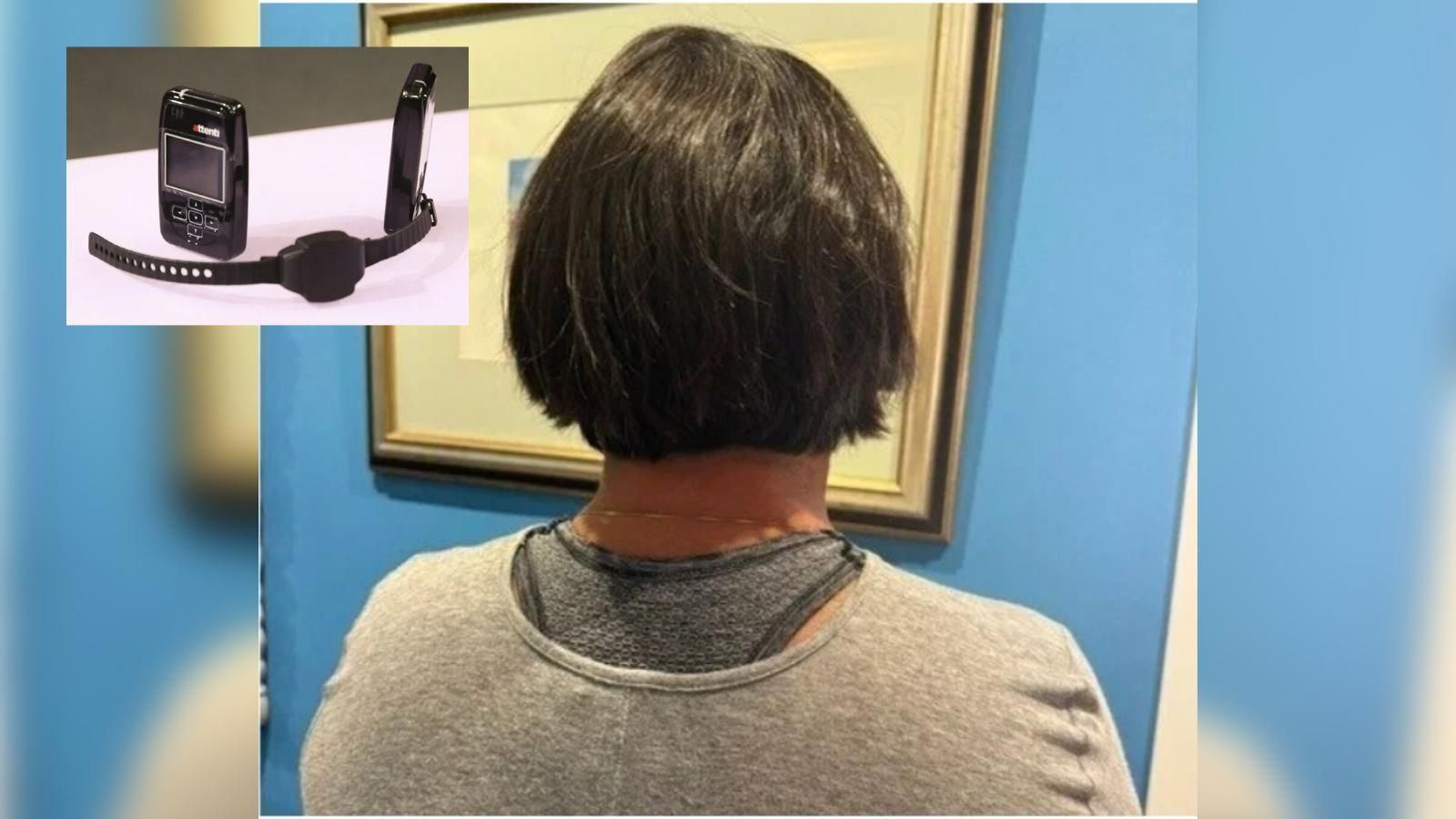 La víctima de espaldas. En el margen superior izquierdo imagen de archivo de un dispositivo Cometa de control telemático de agresores machistas.