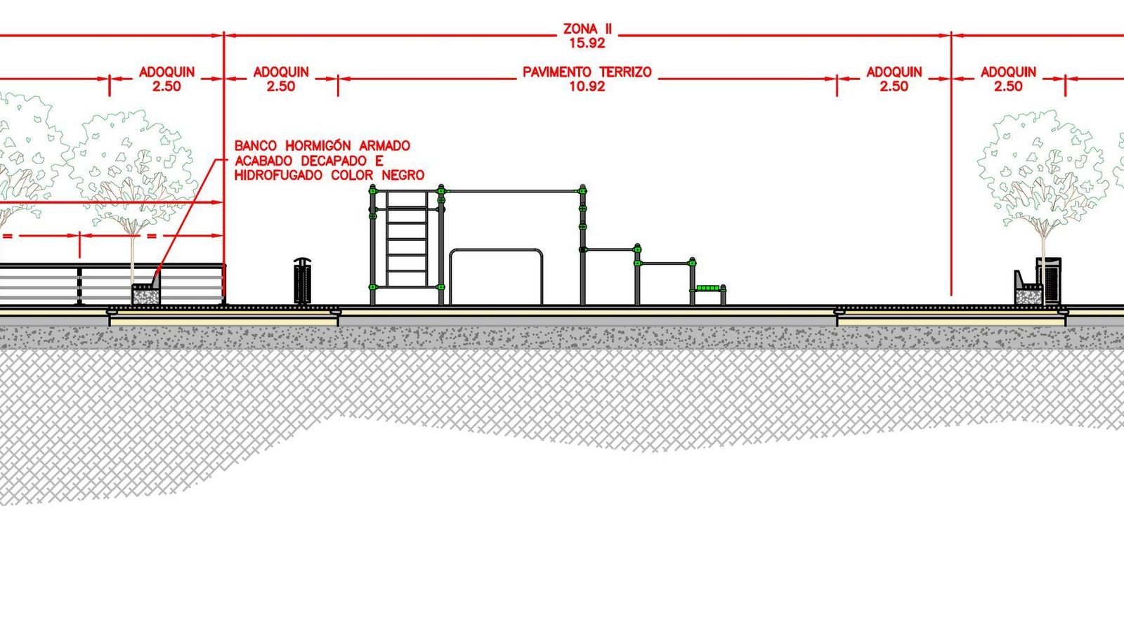 Perfil transversal de nuevo mirador frente a estructura pantalán a demoler, cerca del cementerio de los ingleses.