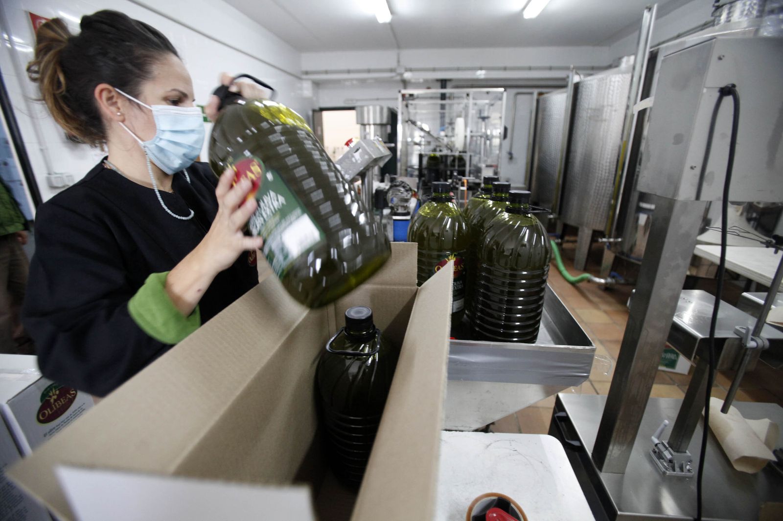 Labores de embotellado de aceite de olive virgen extra en una cooperativa oleícola onubense