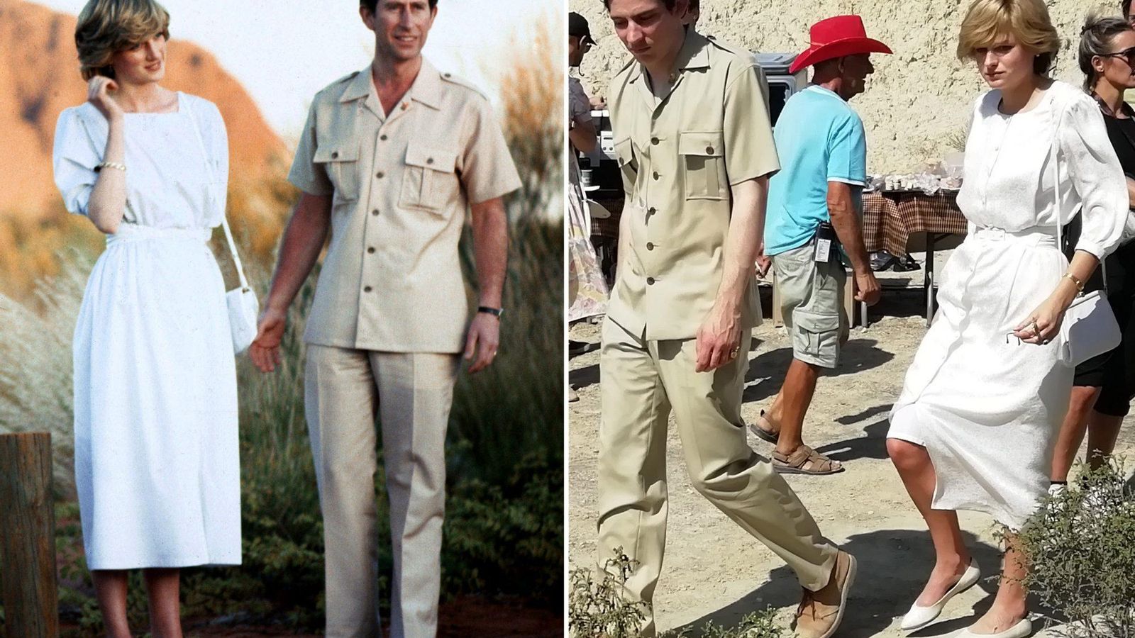 La Diana real con el príncipe Carlos en un viaje oficial. A la derecha, secuencia de la serie.