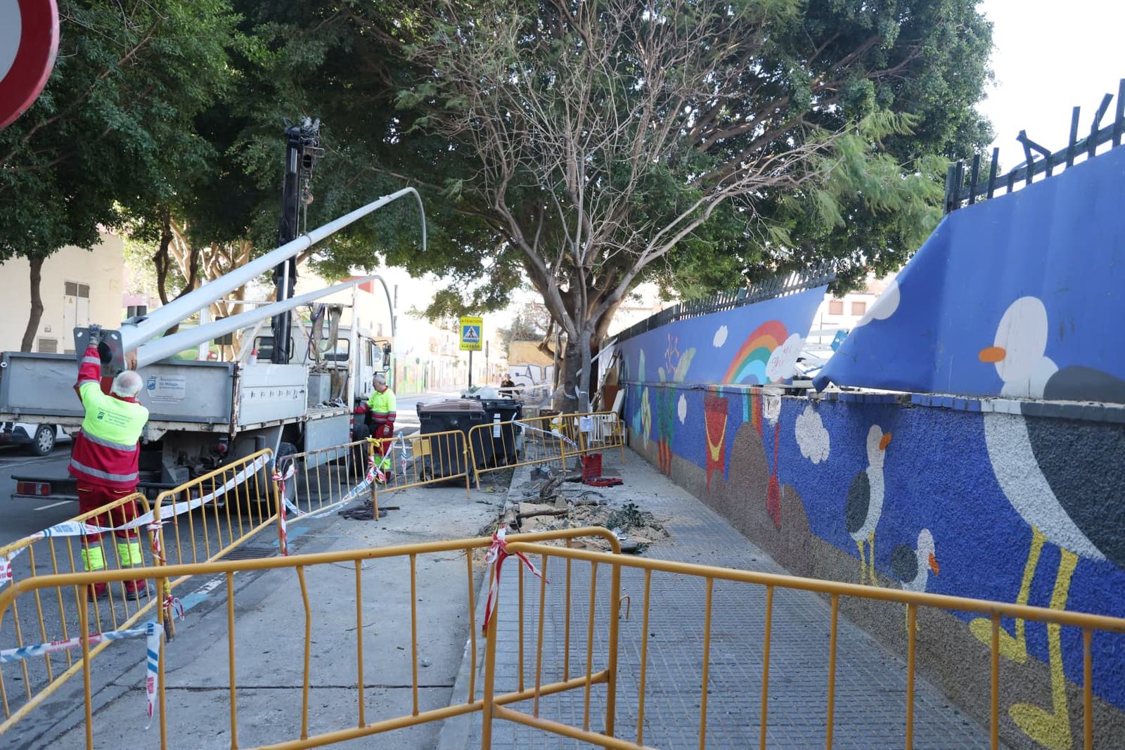 Desprendimiento de un muro tras la caída de un árbol en Huelin