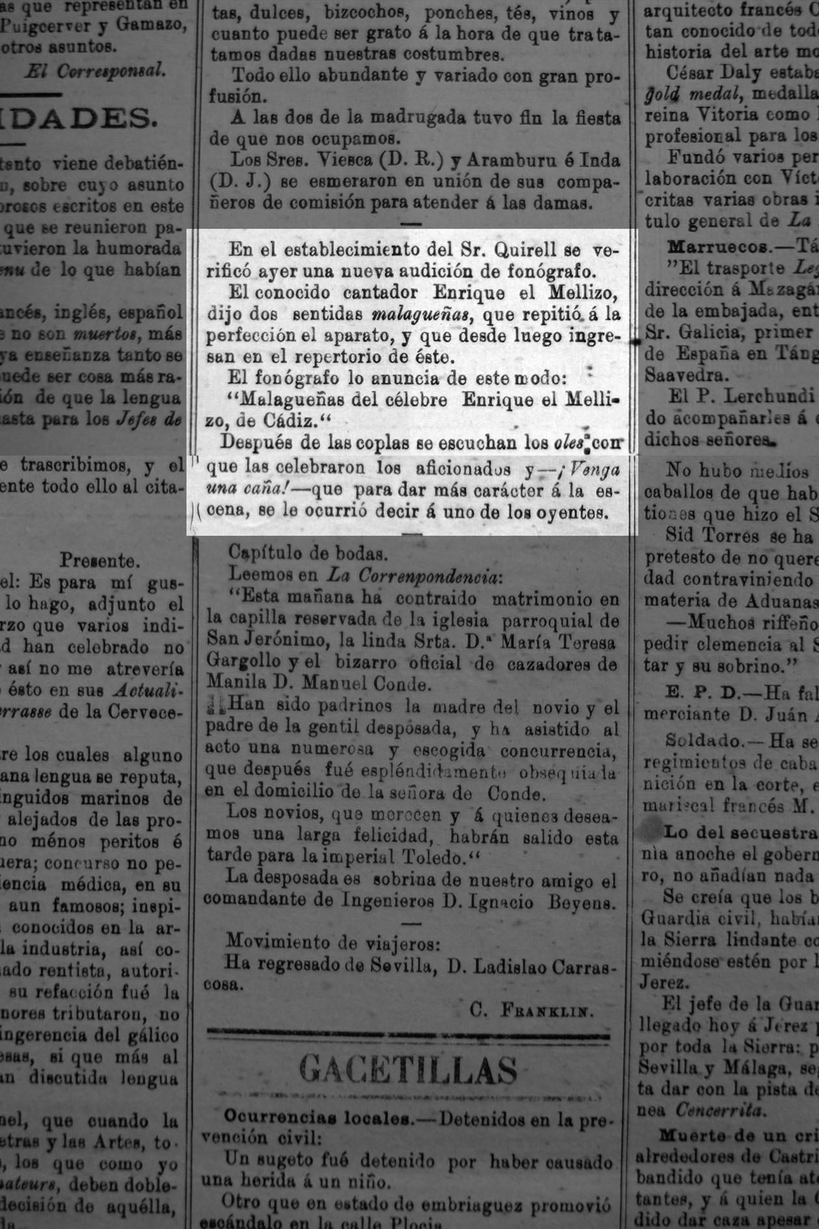 Recorte de 'Diario de Cádiz' del 19 de enero de 1894