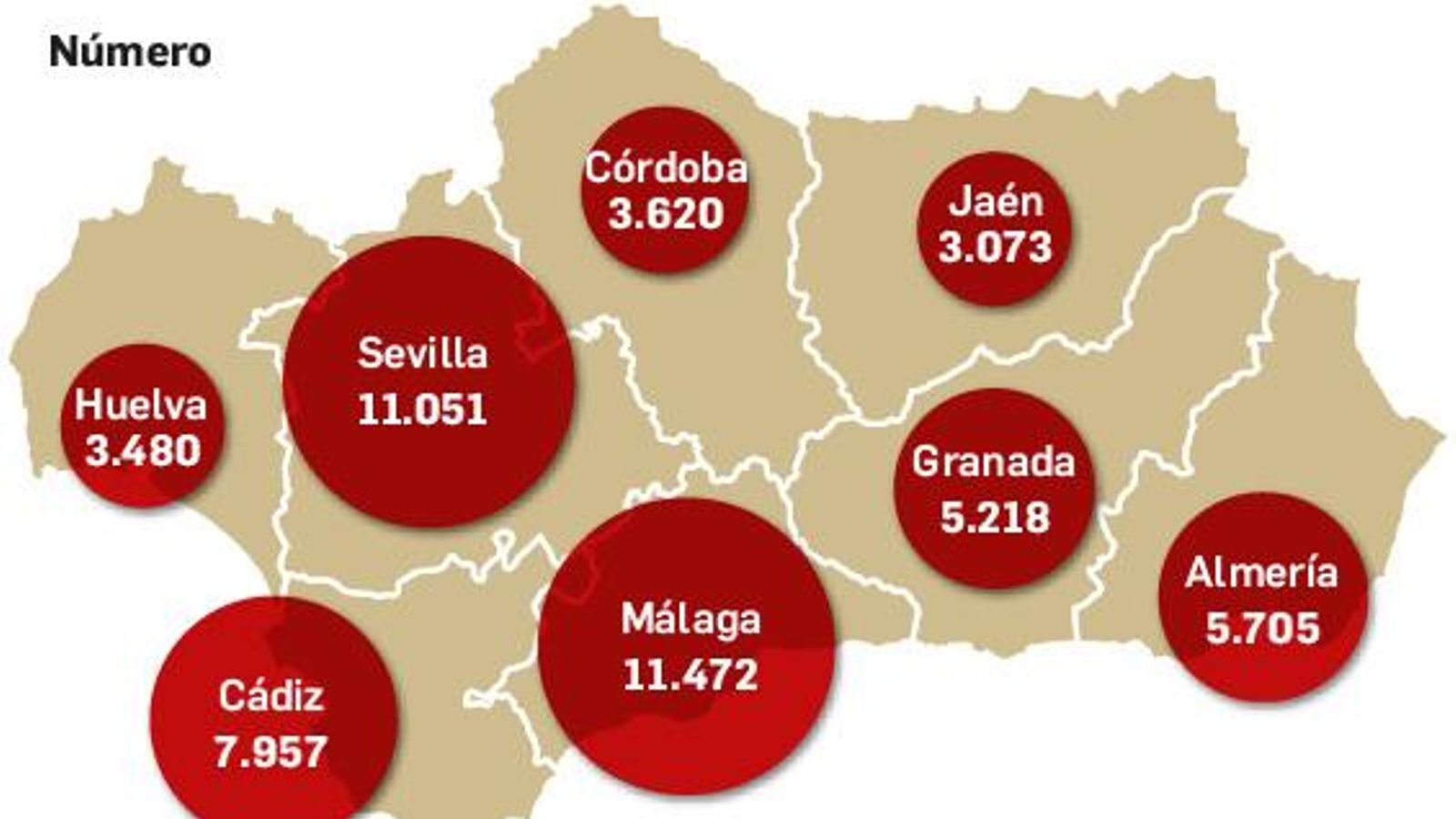 Mapa andaluz con el número de víctimas entre los años 2015 y 2019