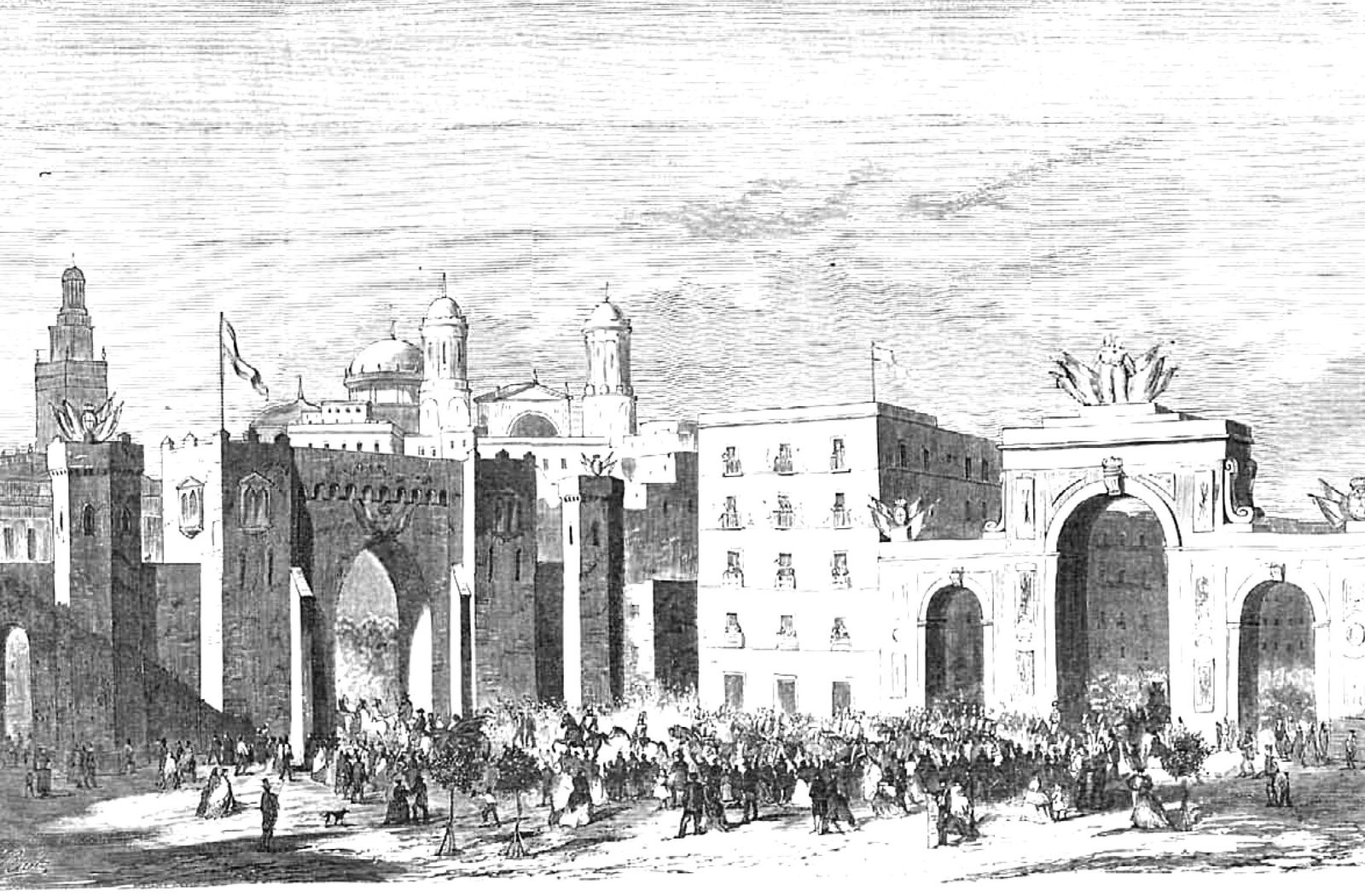Castillo y Arco Triunfal en la Plaza de Isabel II. Grabado xilográfico.