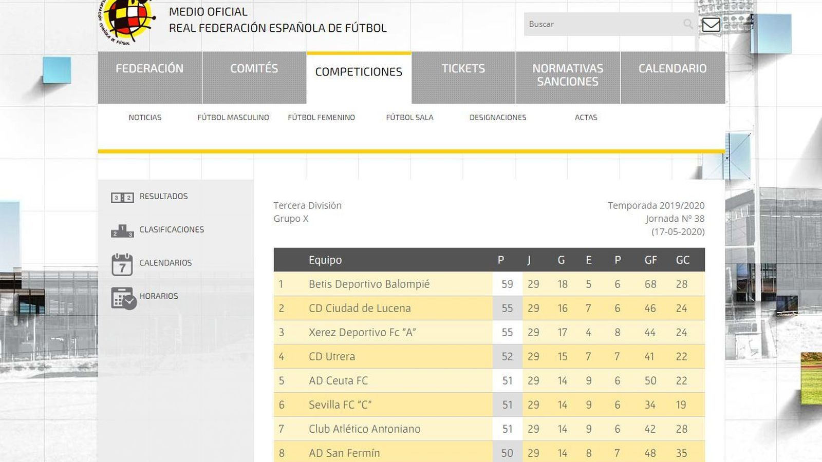 Captura de pantalla de la web de la RFEF.