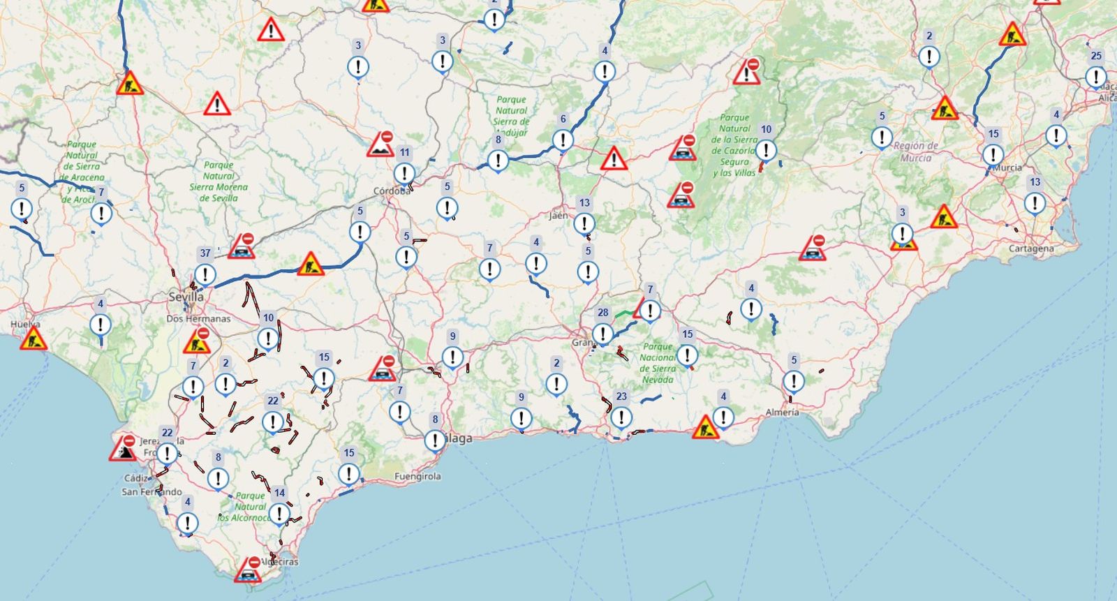 Mapa de la DGT con las incidencias de tráfico en tiempo real.