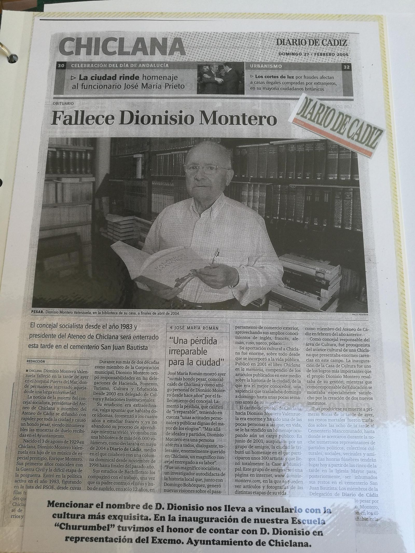 Noticia del fallecimiento de Dionisio Montero del 27 de febrero de 2005.