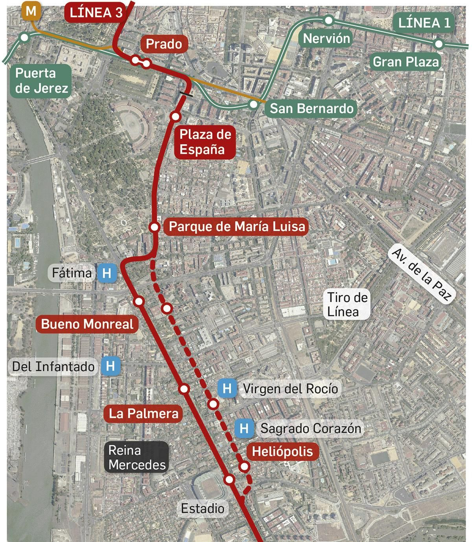 Tramo Sur de la línea 3 del Prado a Heliópolis, con sus alternativas.