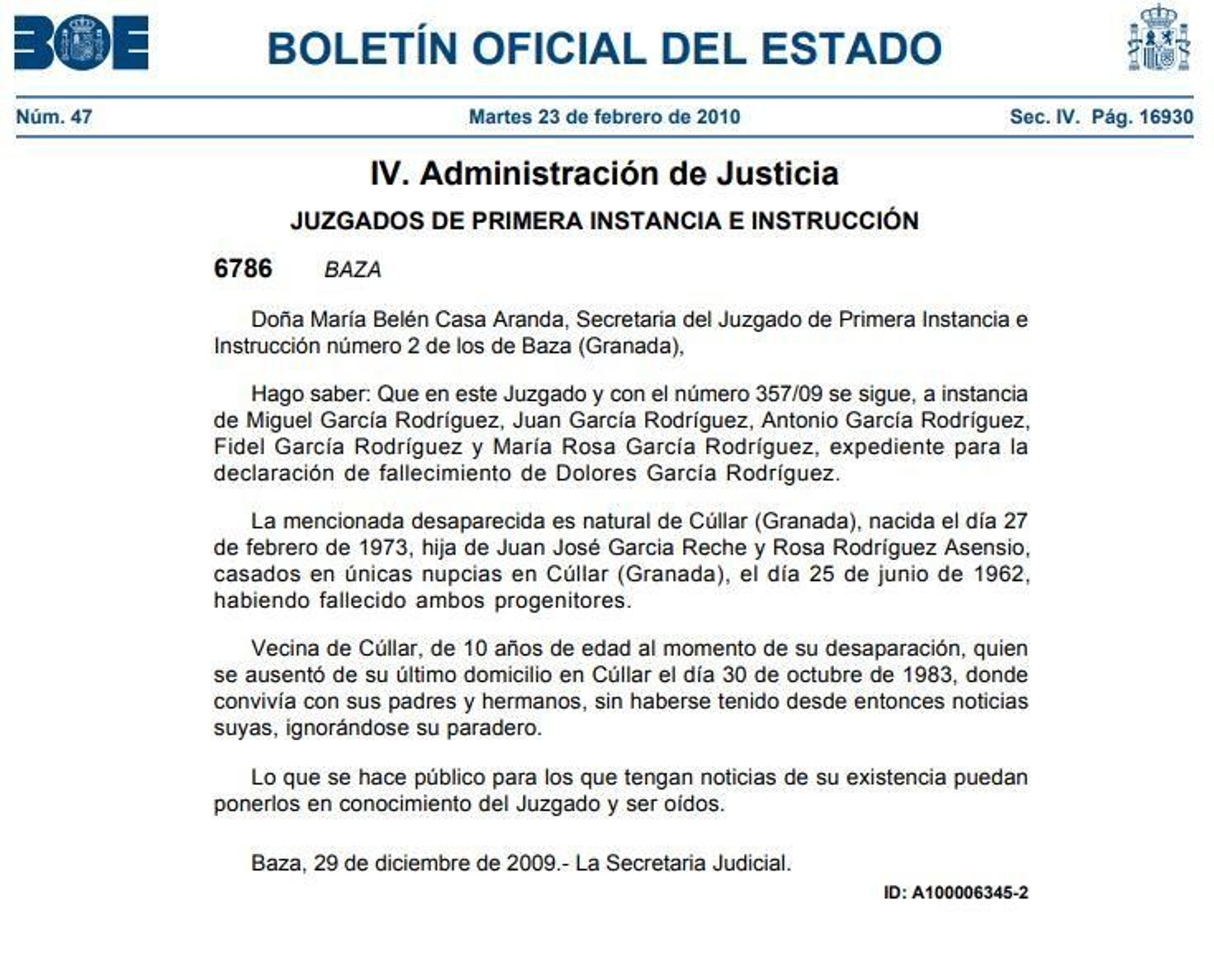 Publicación en el BOE que recoge la petición de declaración de fallecimiento de la niña.