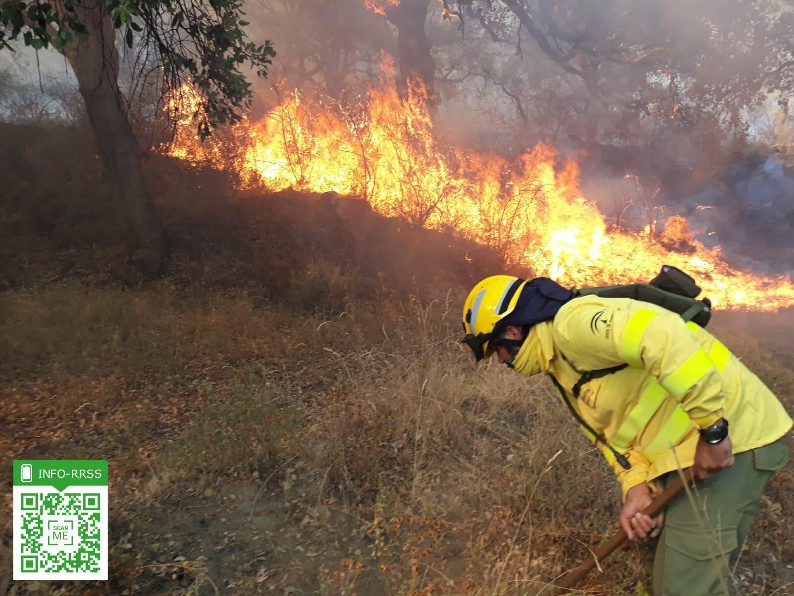 Un bombero realizando trabajos para sofocar el fuego, ayer en Almonaster.