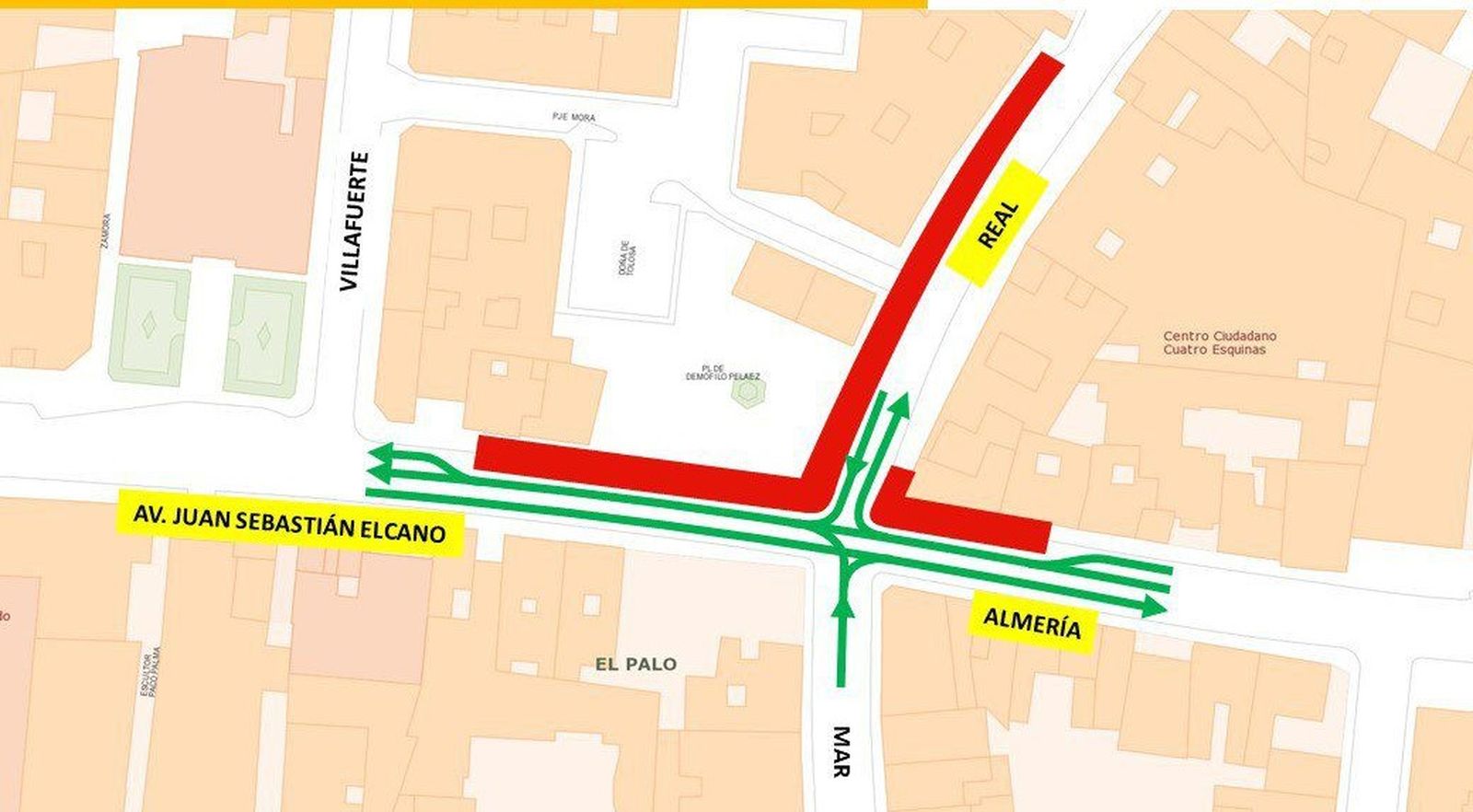 Calles afectadas por las obras de cableado en el Palo