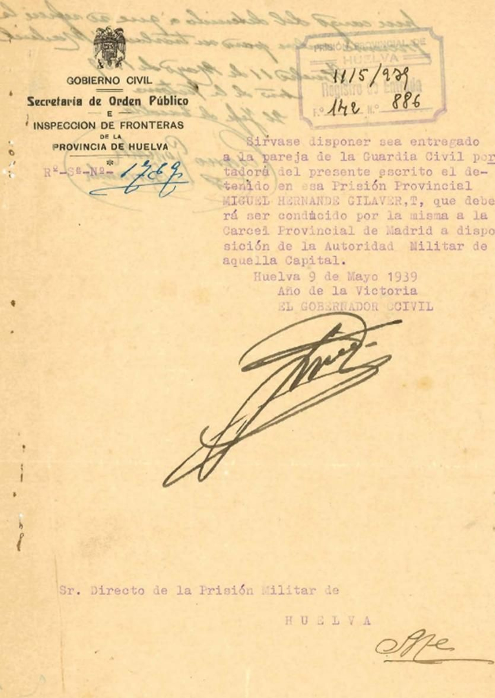 Documento de ingreso de Miguel Hérnández en la cárcel de Huelva.