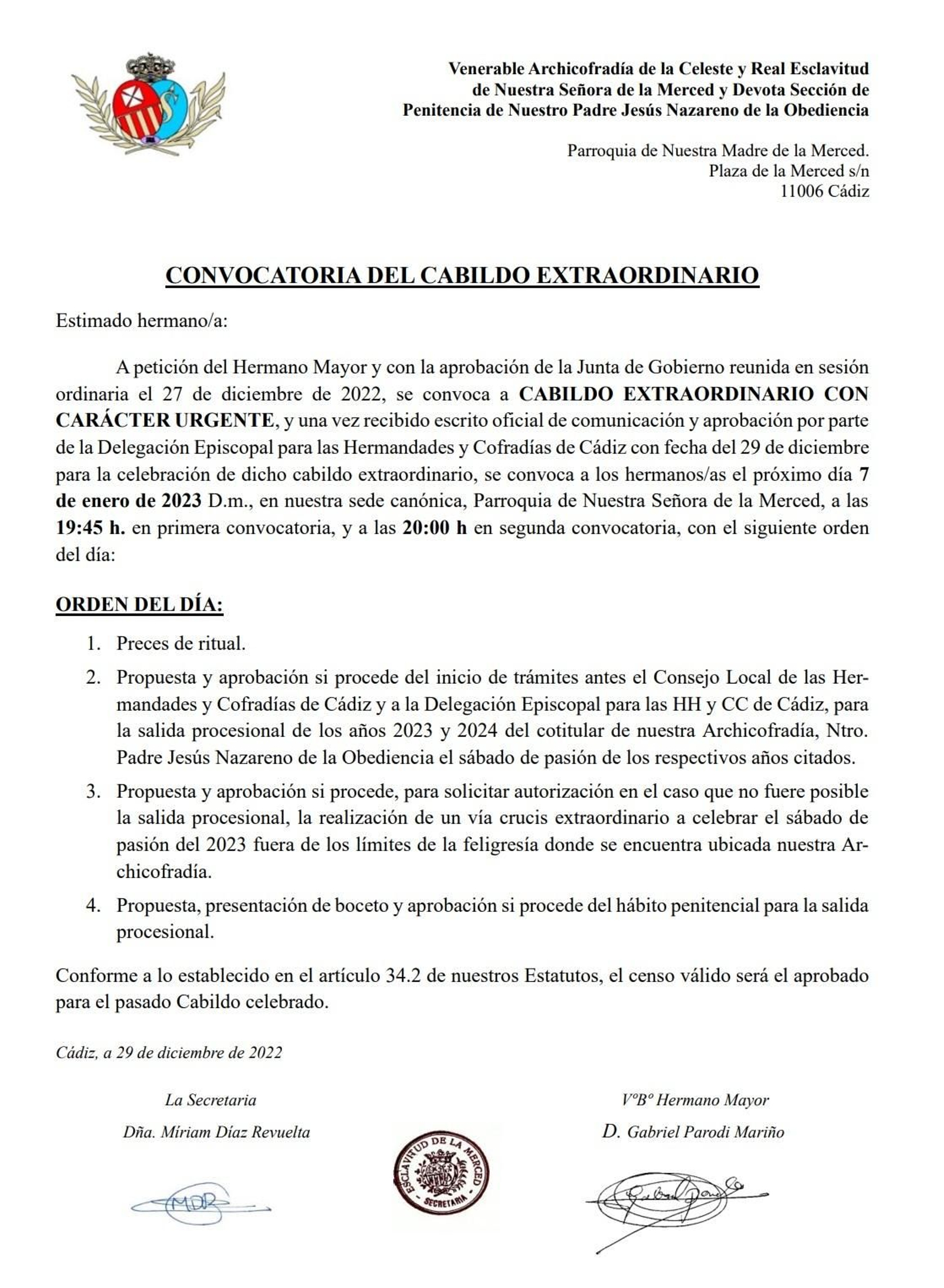 Nueva convocatoria del cabildo en la Merced, firmada con fecha 29 de diciembre. Nueva convocatoria del cabildo en la Merced, firmada con fecha 29 de diciembre.