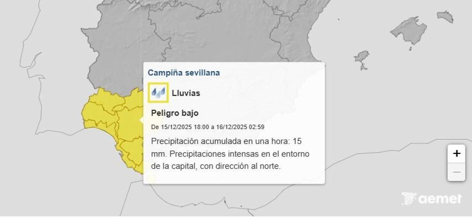 Aviso amarillo por lluvias este lunes en Sevilla